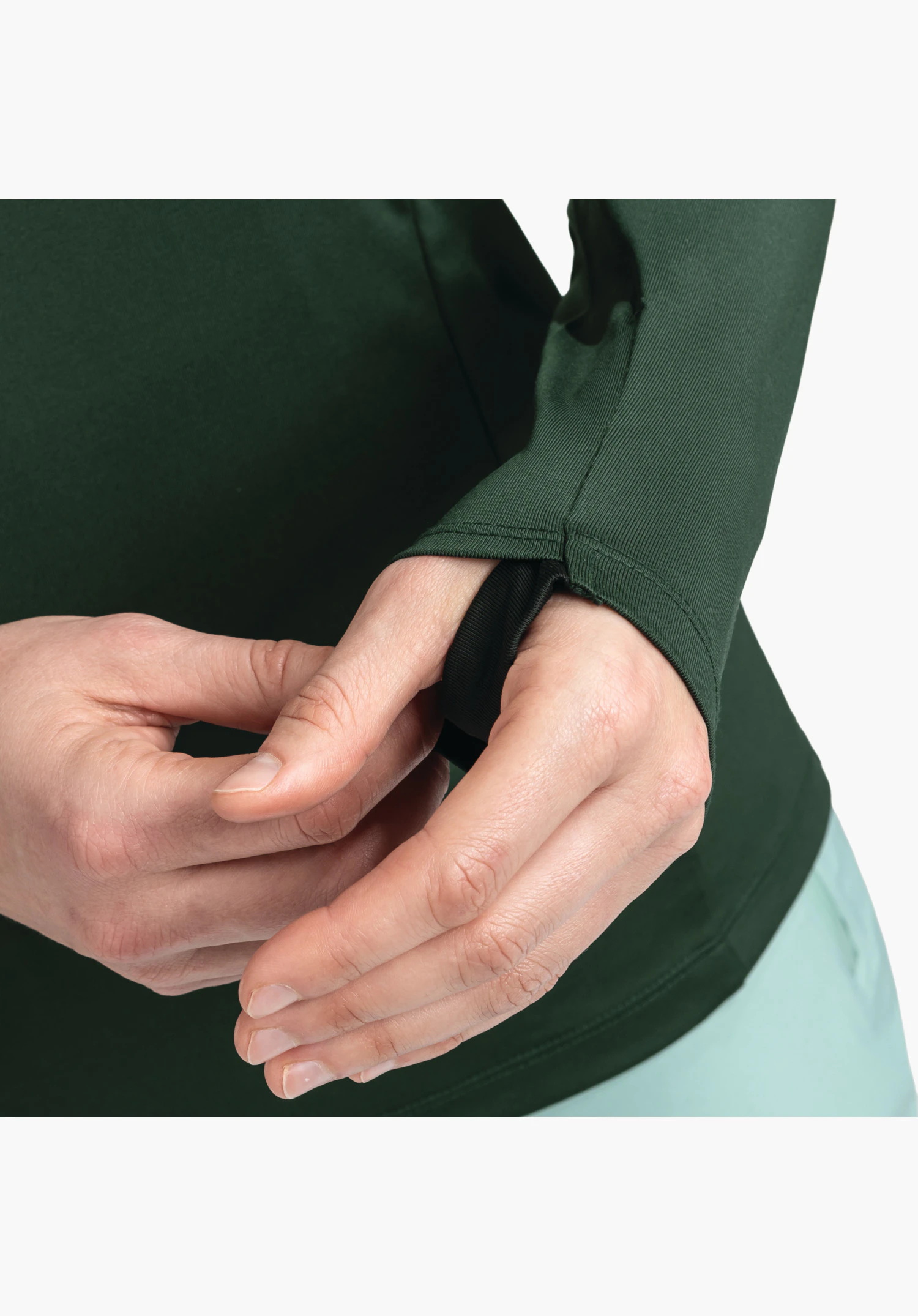 Longsleeve Style Pine WMS showing the elasticated green sleeve cuff with integrated thumb loop for added warmth, close-up against a white background.