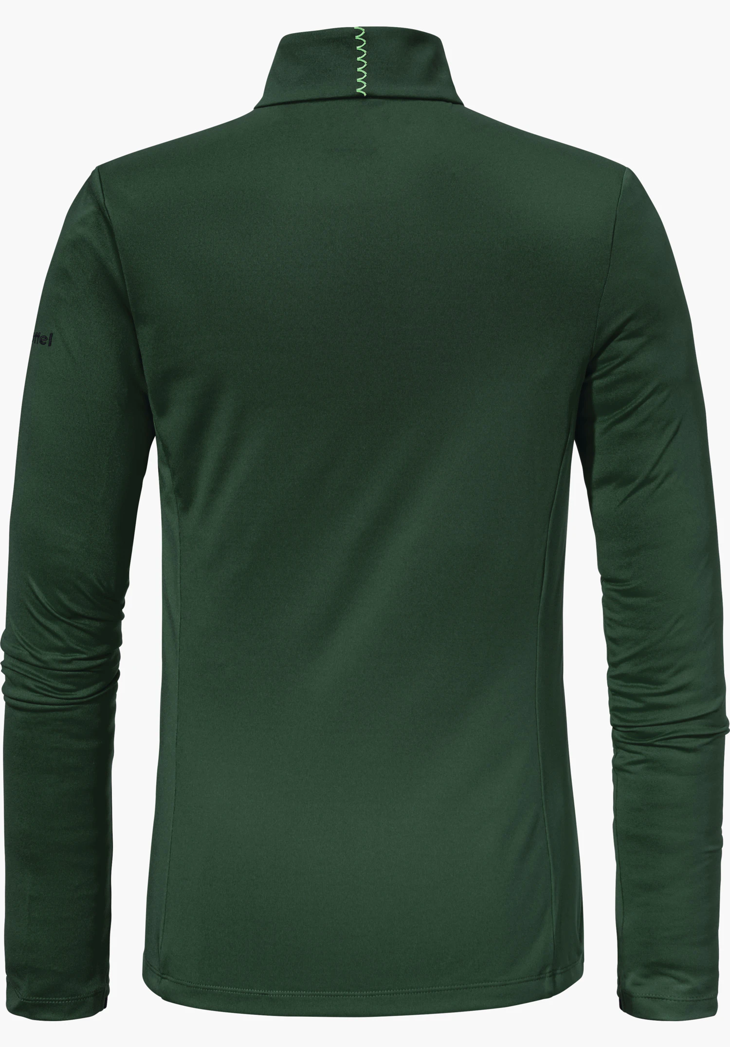 Longsleeve Style Pine WMS dark green half-zip longsleeve, rear view; laid flat, high collar with light green decorative seam, long sleeves, clean smooth surface against a neutral white background.