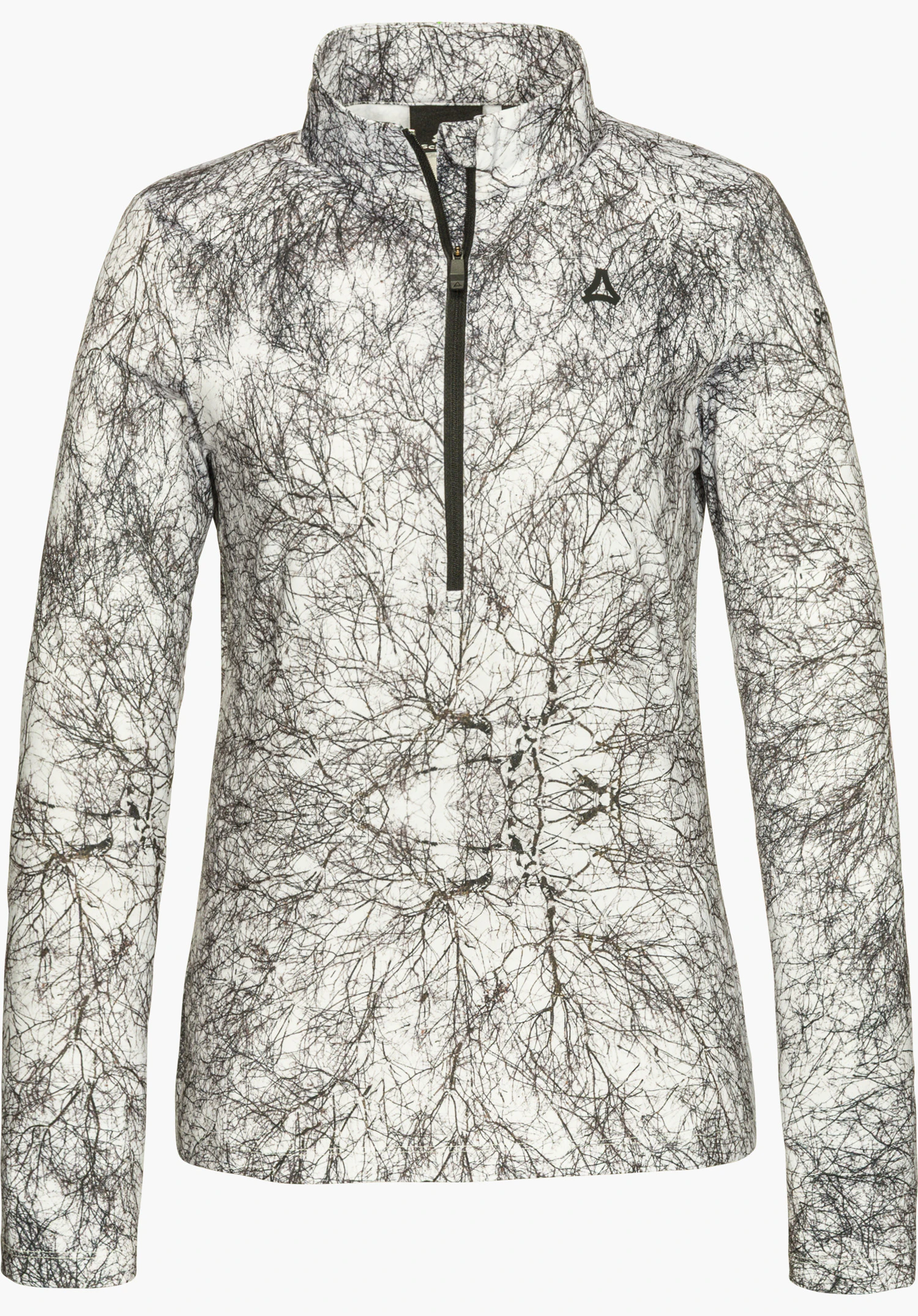 Schöffel X Tom Hegen LS WMS haut manches longues couleur naturelle avec fermeture éclair frontale, col montant, imprimé naturel noir et blanc et logo Schöffel sur la poitrine, détouré sur fond blanc.