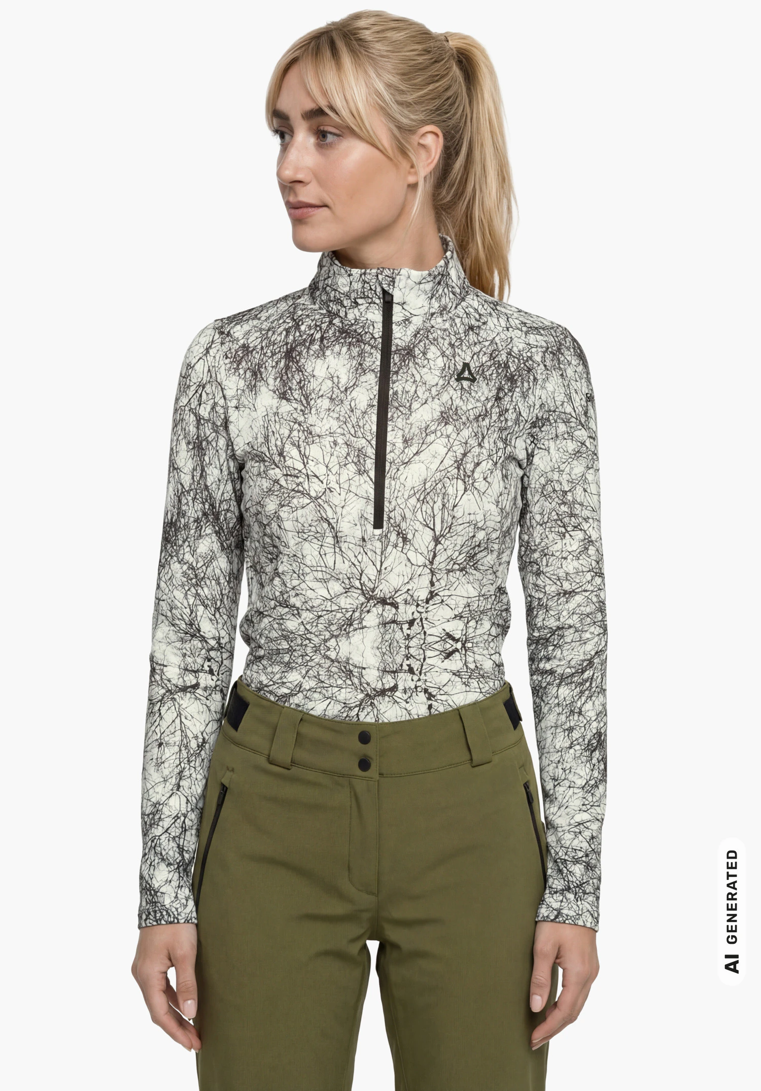Schöffel X Tom Hegen LS WMS en couleur naturelle avec logo Schöffel, porté par un modèle féminin debout avec les bras le long du corps et vu de face sur fond blanc. (Généré par IA)