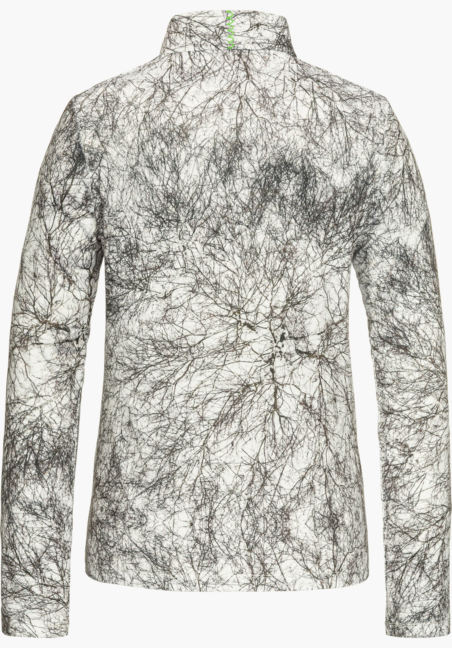 Schöffel X Tom Hegen LS WMS haut manches longues couleur naturelle vu de dos avec imprimé intégral marquant et accent vert au col, détouré sur fond blanc.