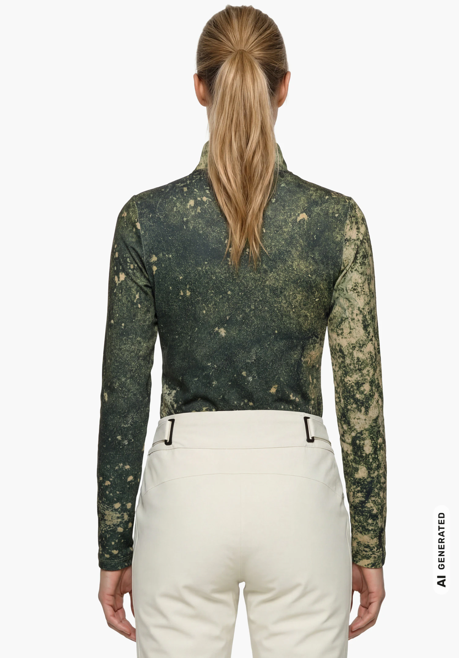 Schöffel X Tom Hegen LS WMS en vert, porté par un modèle féminin debout et vu de dos avec les bras le long du corps sur fond blanc. (Généré par IA)