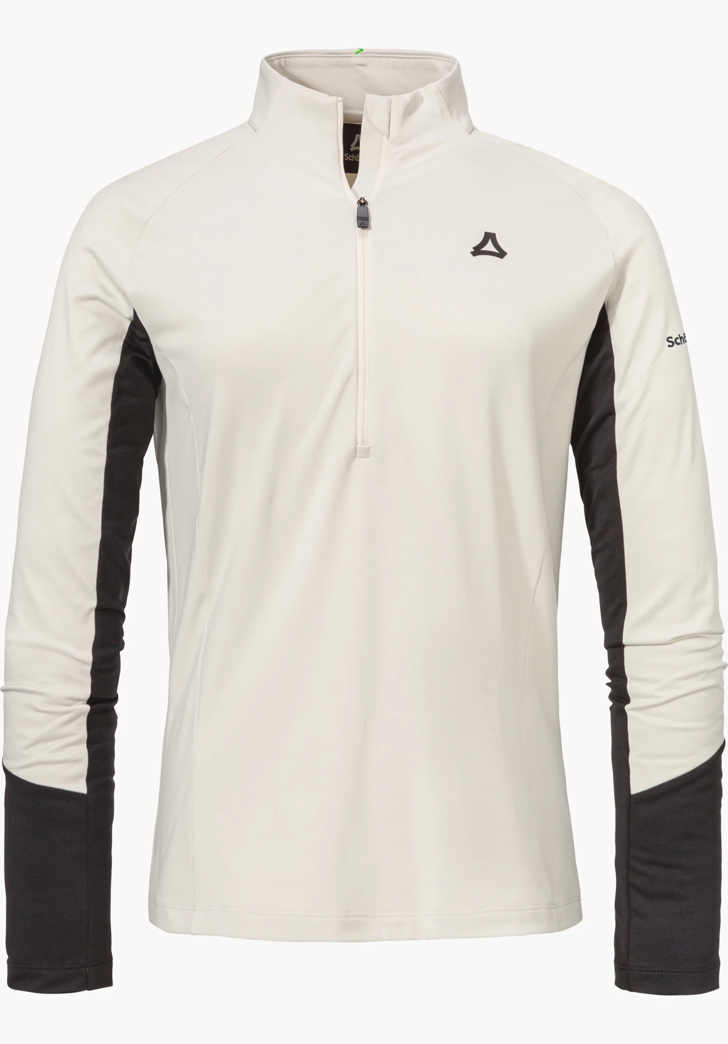 Longsleeve Style Safoon WMS haut fonctionnel blanc manches longues demi-zip; empiècements latéraux gris foncé; logo Schöffel sur la poitrine; inscription « Schöffel » sur la manche droite.