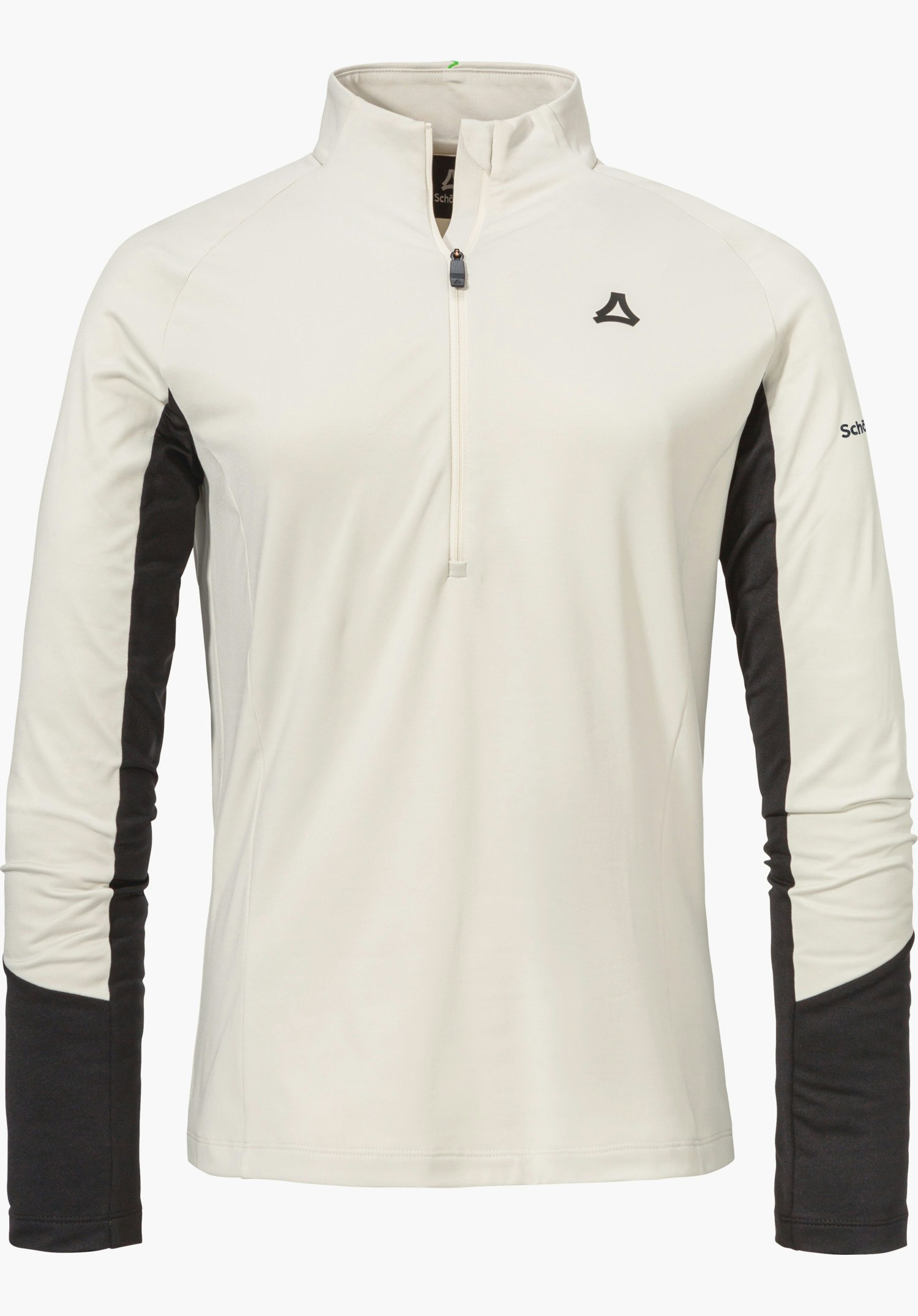Longsleeve Style Safoon WMS. Weißes, langärmeliges Funktionsshirt mit halbem Reißverschluss; dunkelgraue Seiteneinsätze; Schöffel-Logo auf der Brust; Schriftzug "Schöffel" am rechten Ärmel.