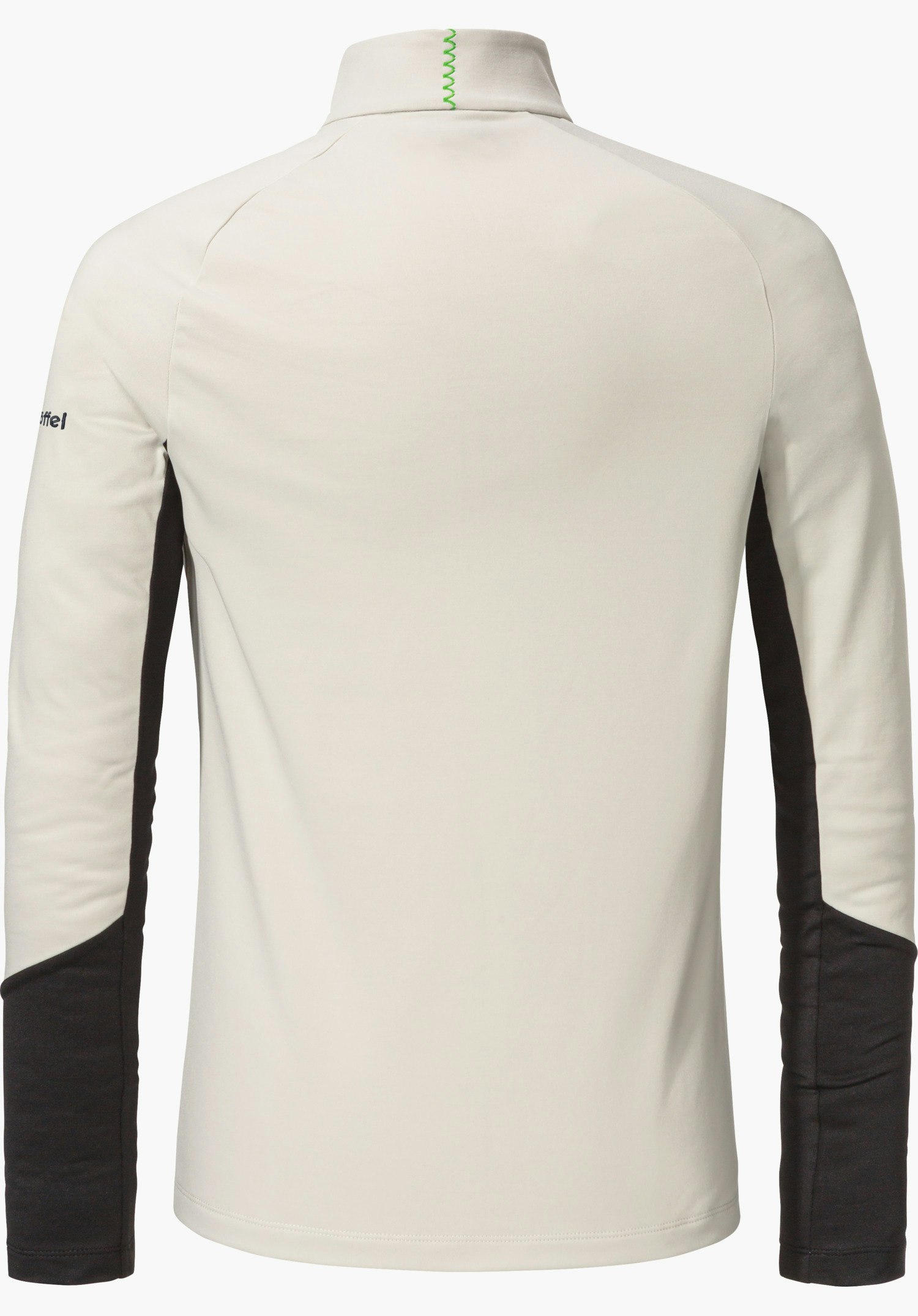 Longsleeve Style Safoon WMS weißes langärmliges Shirt, Rückansicht; glatte Hauptfläche mit dunklen Seiteneinsätzen und Ärmelenden, grüne Ziernaht am Kragen, Text auf Ärmel: Schöffel, neutraler Hintergrund.