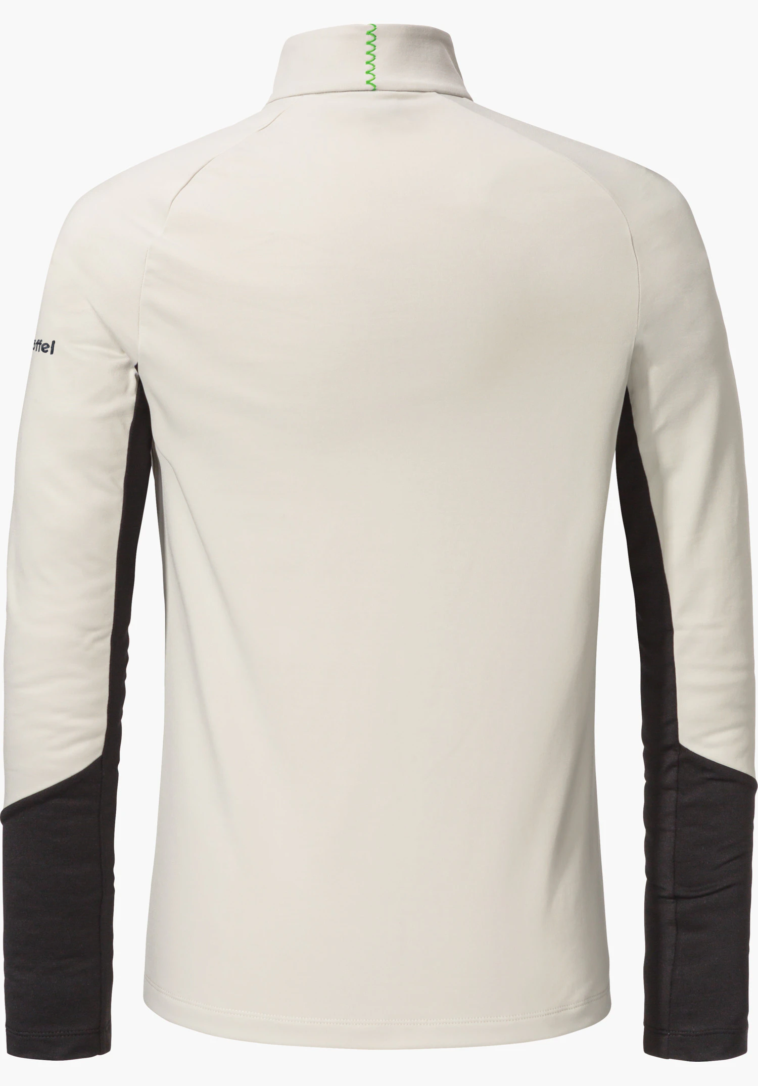Longsleeve Style Safoon WMS T-shirt manches longues blanc, vue de dos; surface principale lisse avec inserts latéraux foncés et extrémités de manches foncées, couture décorative verte au col, texte sur la manche : Schöffel, fond neutre.