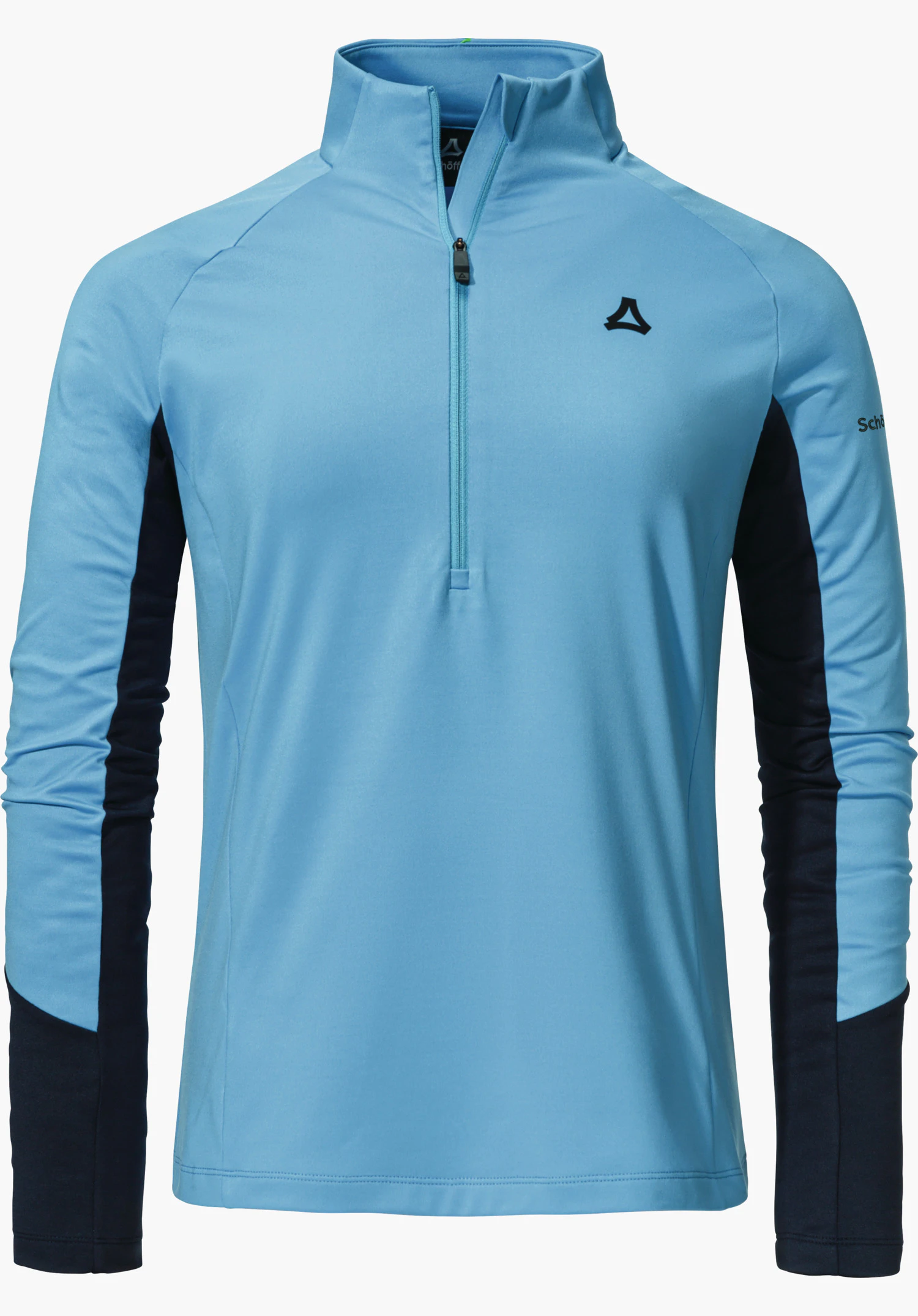 Longsleeve Style Safoon WMS Lichtblauw langarm outdoorshirt, rits half gesloten, tegen witte achtergrond; donkerblauwe zij-inzetten, Schöffel-logo op de borst, opschrift “Schöffel” op de mouw.