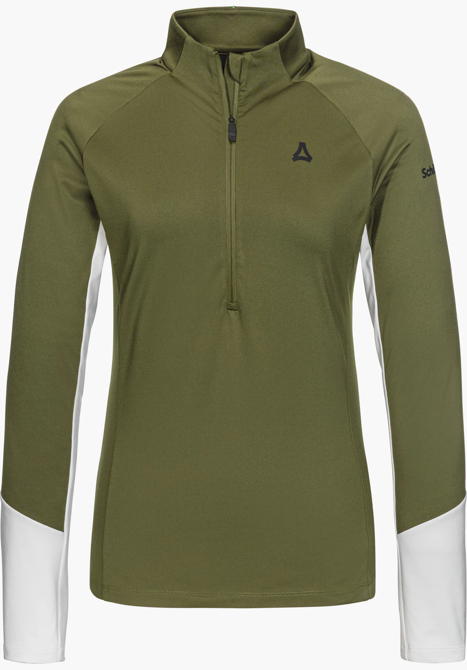 Longsleeve Style Safoon WMS vert avec col montant, courte fermeture éclair frontale, détails blancs sur les manches, logo Schöffel et inscription Schöffel, détouré sur fond blanc.