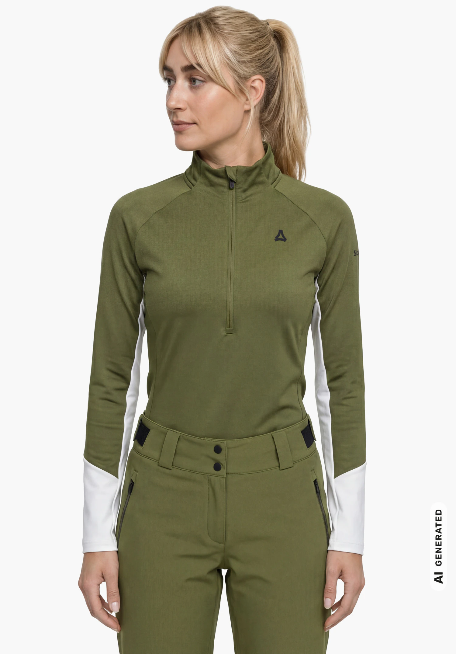Longsleeve Style Safoon WMS en vert avec logo Schöffel, porté par un modèle féminin debout et vu de face avec les bras le long du corps sur fond blanc. (Généré par IA)
