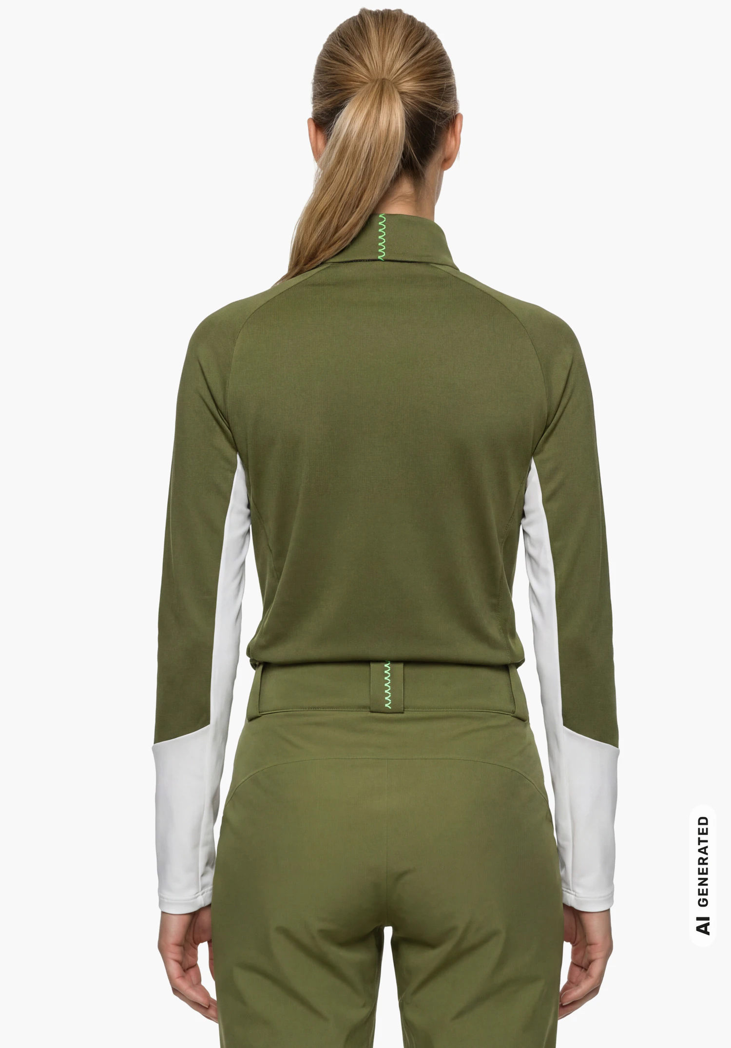 Longsleeve Style Safoon WMS en vert avec accent blanc sur les manches et col montant, porté par un modèle féminin debout et vu de dos sur fond blanc. (Généré par IA)