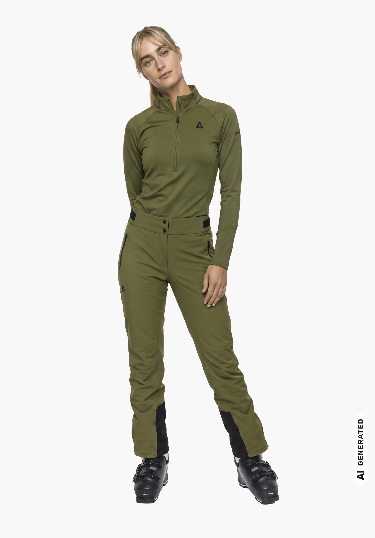 Longsleeve Style Safoon WMS en vert avec logo Schöffel, porté par un mannequin femme en vue légèrement de profil, se tenant droite les mains derrière le dos sur fond blanc. (Généré par IA)