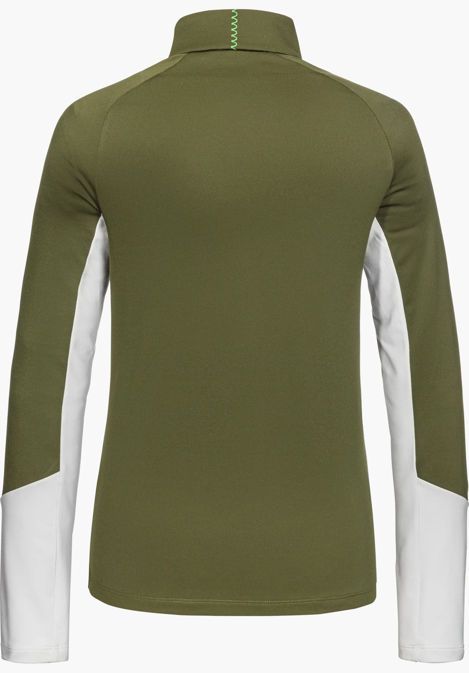 Longsleeve Style Safoon WMS vert avec col montant et empiècements blancs contrastants sur les manches, vu de dos et détouré sur fond blanc.