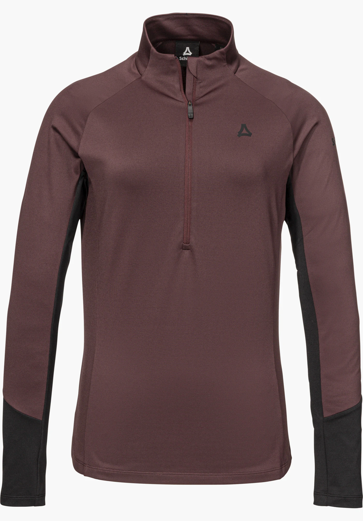 Longsleeve Style Safoon WMS violet avec courte fermeture éclair frontale, col montant et logo Schöffel noir sur la poitrine, détouré sur fond blanc.