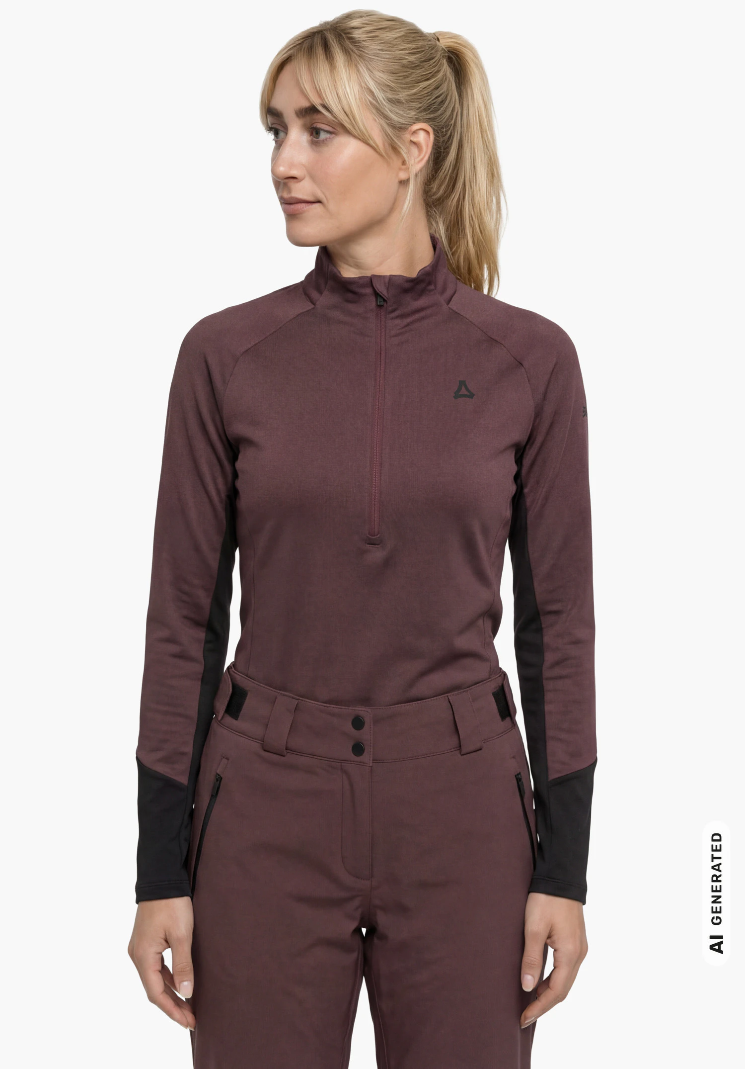 Longsleeve Style Safoon WMS en violet avec col montant, courte fermeture éclair frontale et logo Schöffel visible sur la poitrine, porté par un modèle féminin vu de face avec les bras le long du corps sur fond blanc. (Généré par IA)
