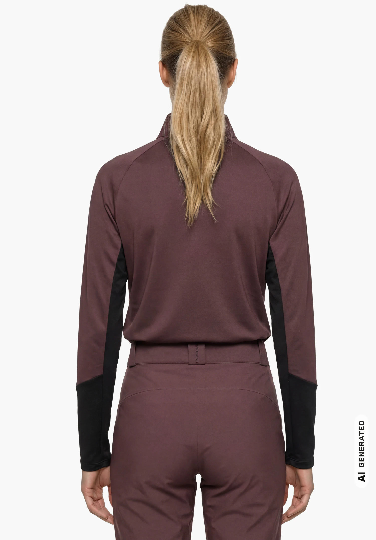 Longsleeve Style Safoon WMS en violet avec accents noirs sur les manches, porté par un modèle féminin debout et vu de dos avec les bras le long du corps sur fond blanc. (Généré par IA)