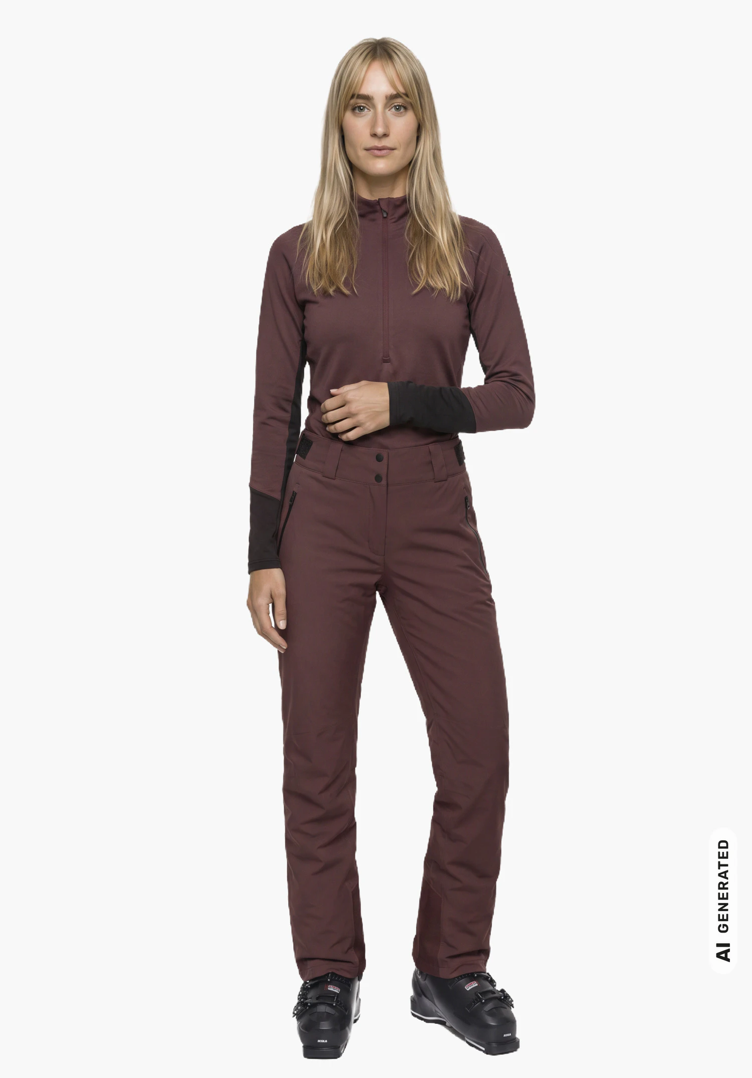 Longsleeve Style Safoon WMS en violet, porté par un mannequin femme en légère vue de profil avec une main sur le corps sur fond blanc. (Généré par IA)