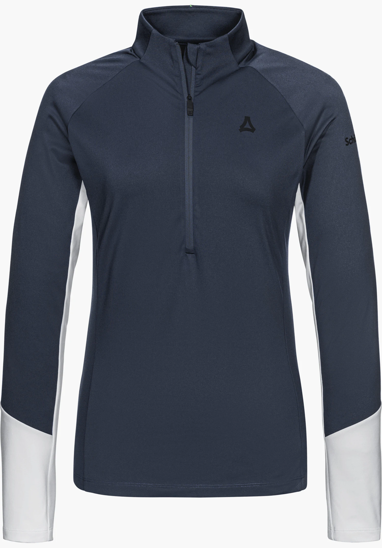 Longsleeve Style Safoon WMS bleu avec col montant, courte fermeture éclair frontale, empiècements blancs contrastants sur les manches, logo Schöffel sur la poitrine et inscription Schöffel sur la manche gauche, détouré sur fond blanc.
