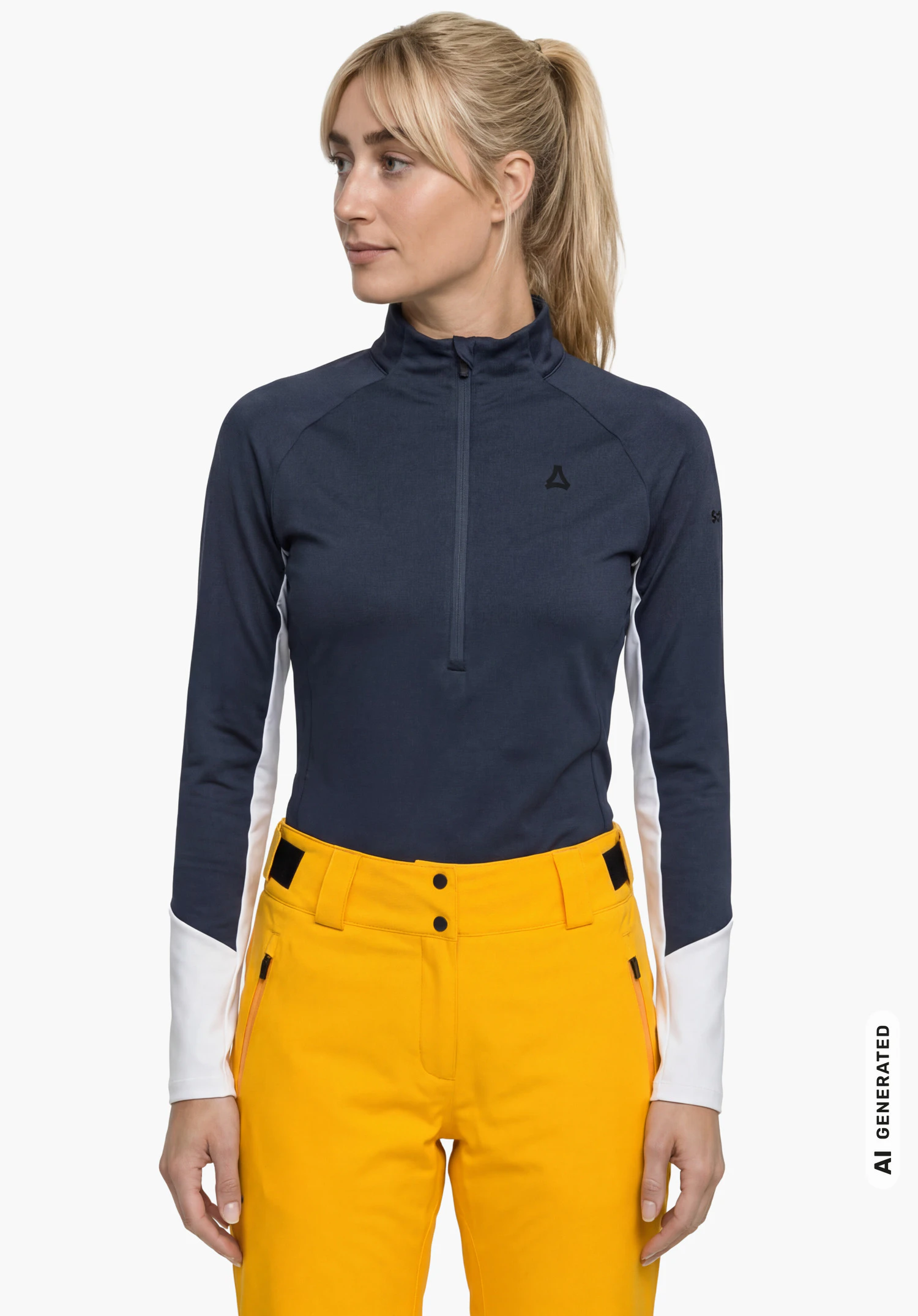 Longsleeve Style Safoon WMS en bleu avec col montant, courte fermeture éclair frontale et logo Schöffel visible, porté par un modèle féminin debout et vu de face sur fond blanc. (Généré par IA)