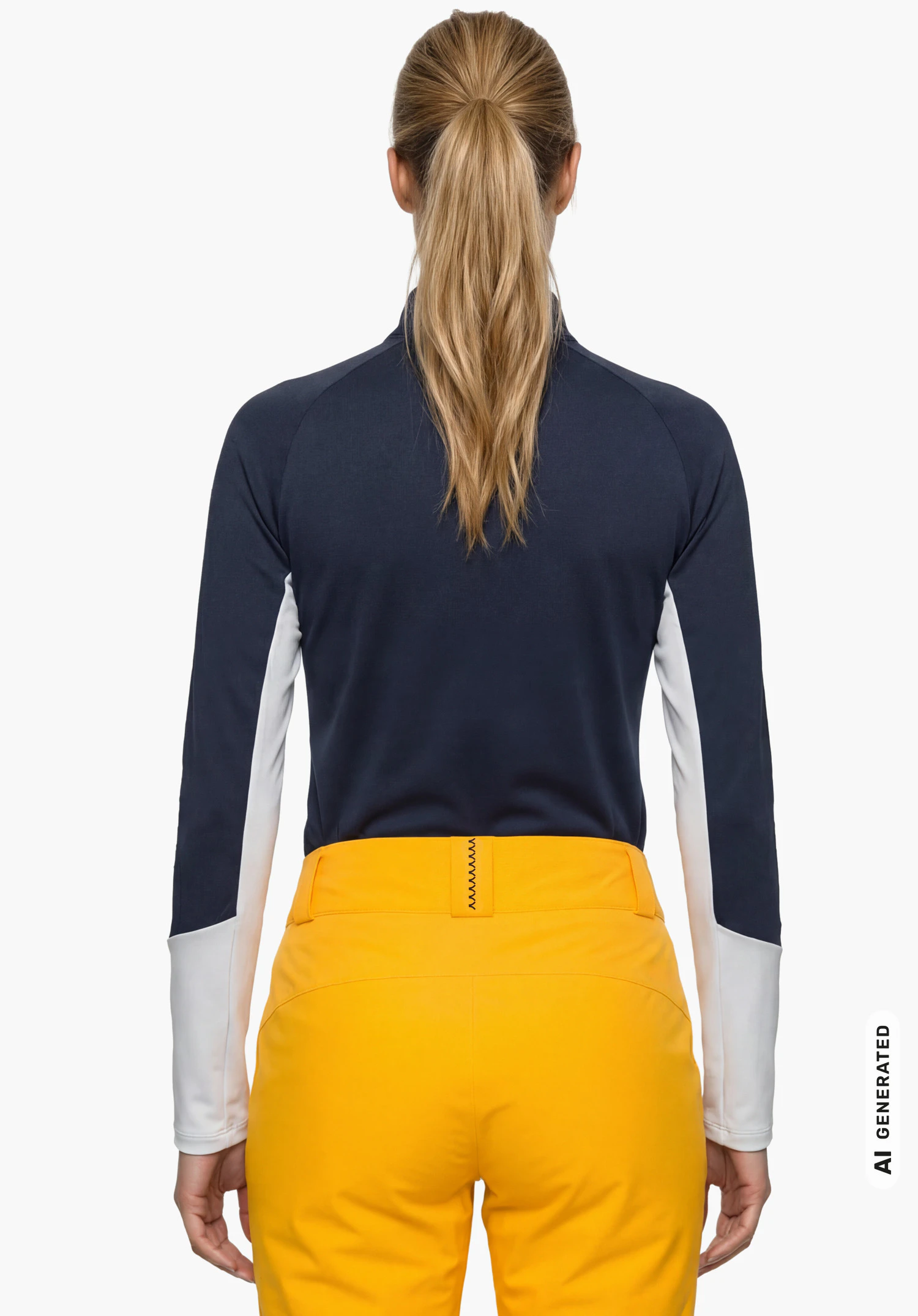 Longsleeve Style Safoon WMS en bleu, porté par un modèle féminin debout et vu de dos sur fond blanc. (Généré par IA)
