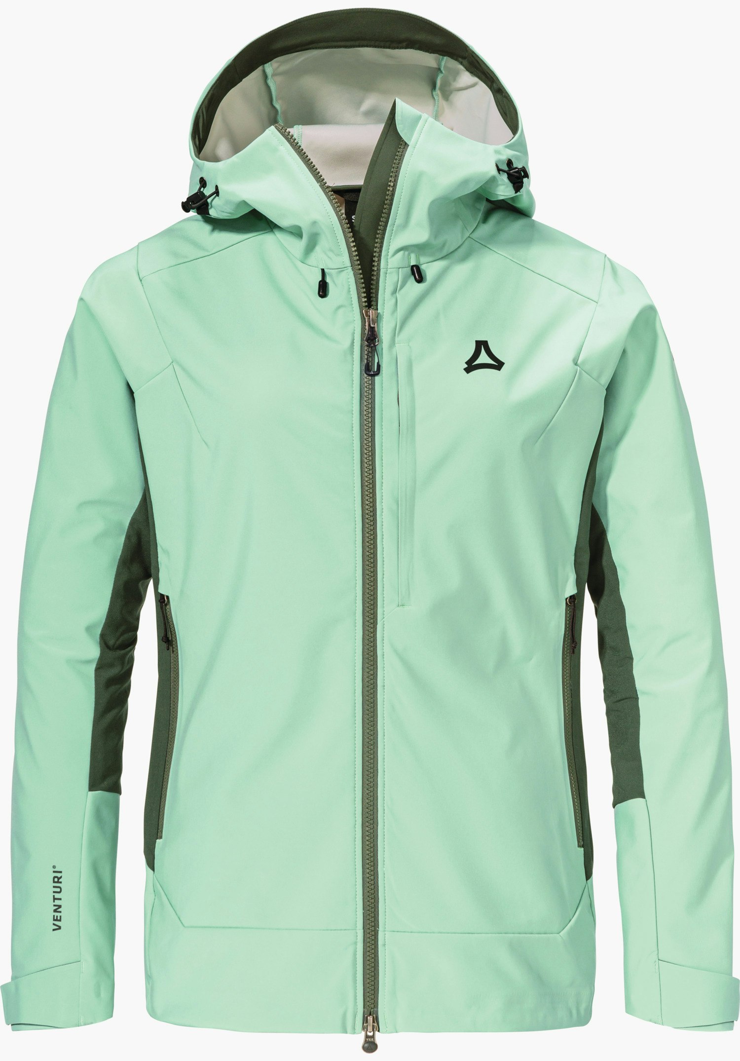 Softshell Jk Style Milagle WMS Hellgrüne Softshell-Jacke mit Kapuze, frontseitig geschlossen; dunkelgrüne Einsätze an Seiten und Reißverschluss. Schöffel-Logo auf der Brust; Schriftzug "VENTURI" am linken Ärmel.