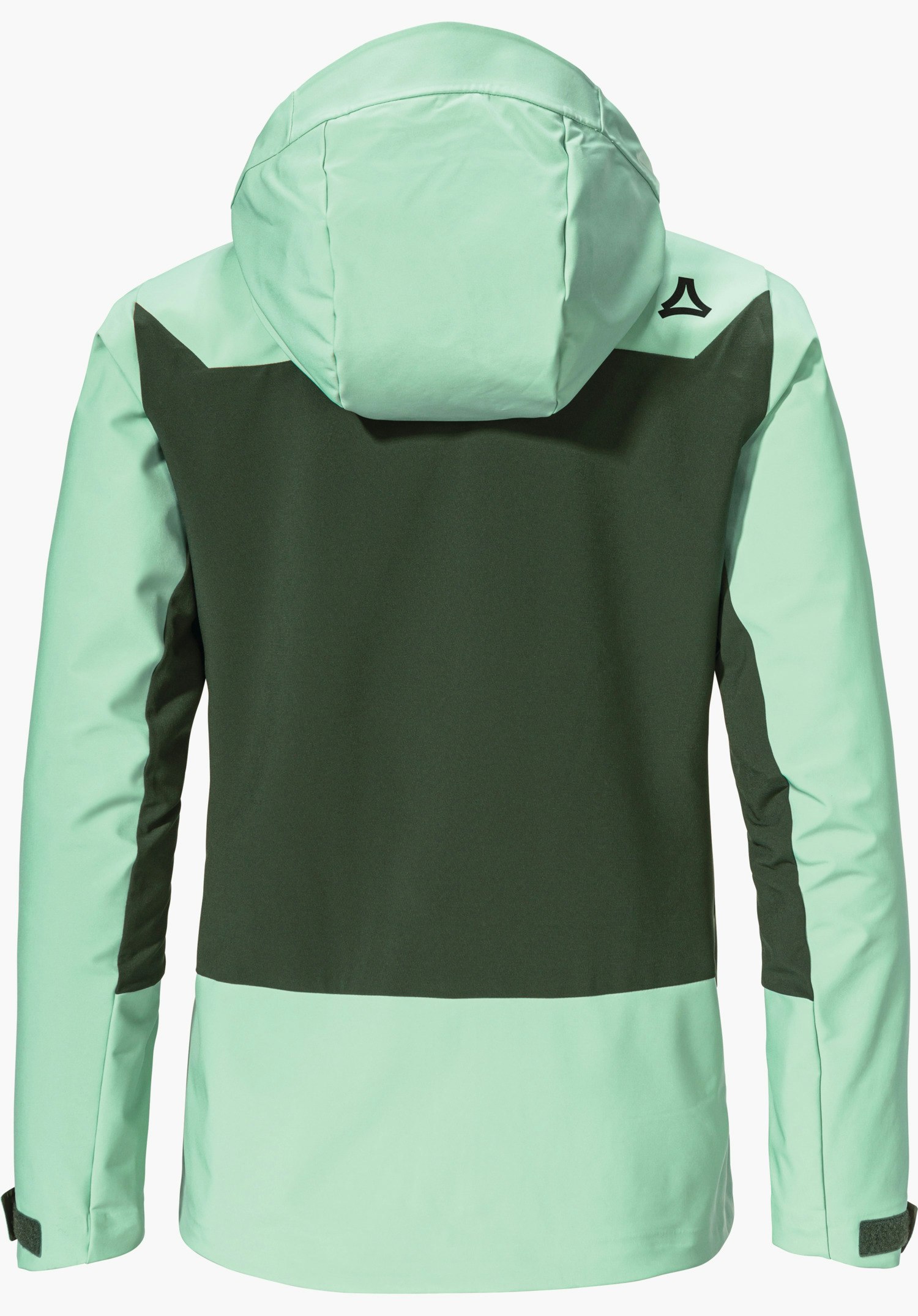 Softshell Jk Style Milagle WMS zweifarbige Jacke, Rückenansicht; dunkelgrünes Rückenteil, hellgrüne Ärmel, Kapuze und Saum; Schöffel-Logo auf rechter Schulter; freigestellt vor weißem Hintergrund.