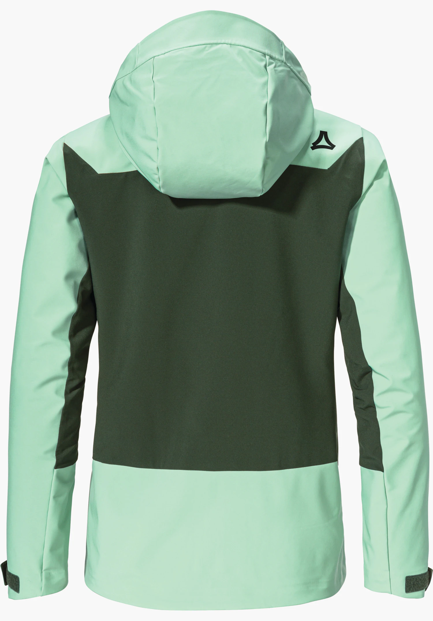 Softshell Jk Style Milagle WMS veste bicolore, vue arrière; dos vert foncé, manches, capuche et bas vert clair; logo Schöffel sur l’épaule droite; fond blanc.