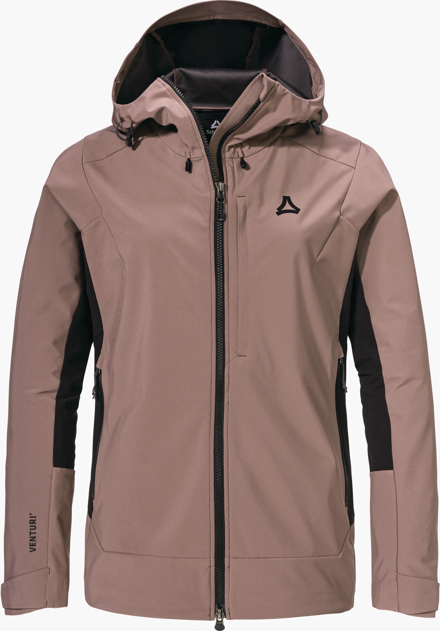 Softshell Jk Style Milagle WMS lila Softshell-Jacke mit schwarzen Seitenpartien, frontal präsentiert, Kapuze auf, Reißverschluss geschlossen; Schöffel-Logo auf der Brust. Schriftzug auf Ärmel: VENTURI®.