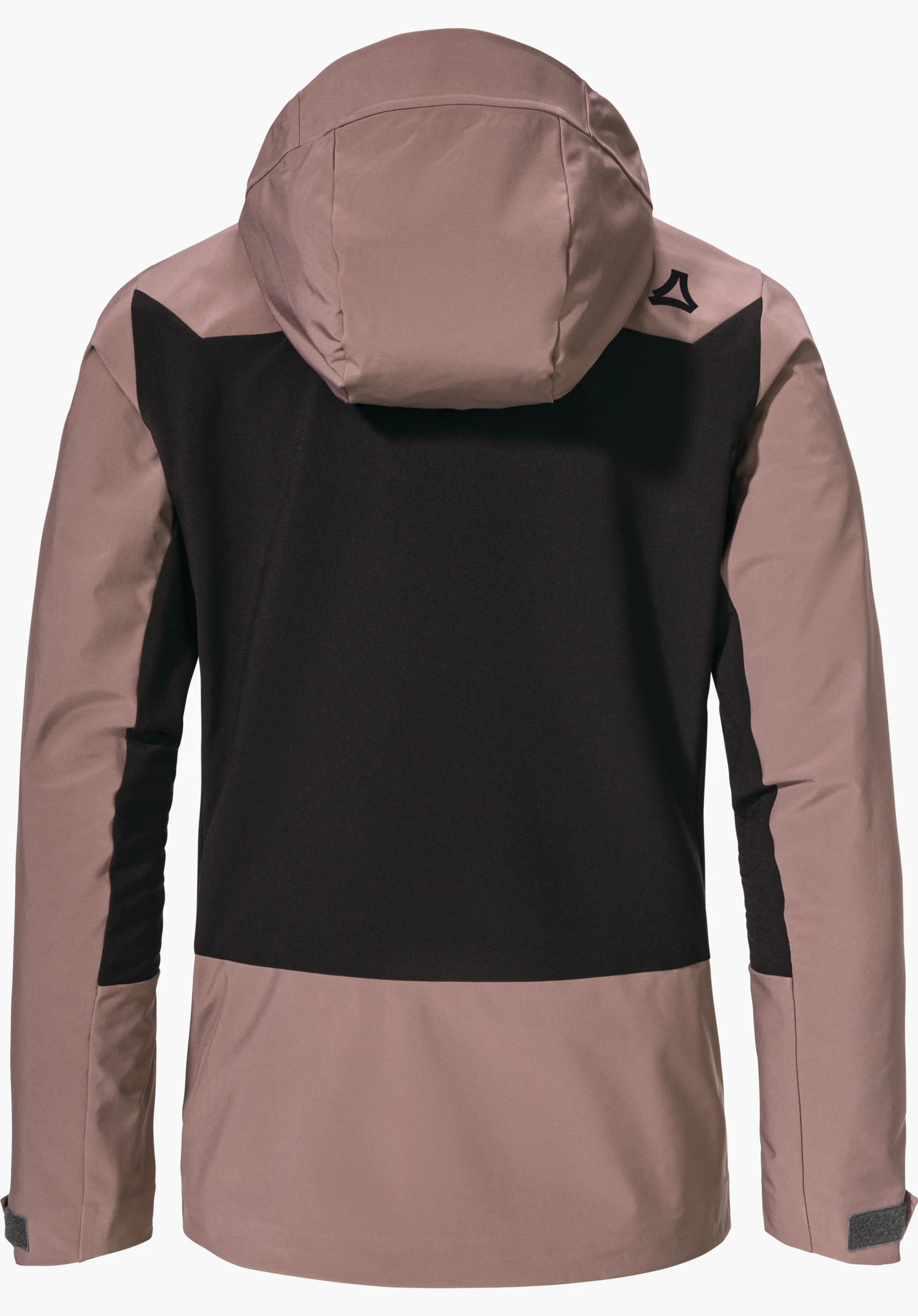 Softshell Jk Style Milagle WMS veste, vue arrière; violette, capuche relevée, grand dos noir, manches et bas rouge clair; logo Schöffel visible sur l’épaule droite; fond neutre.