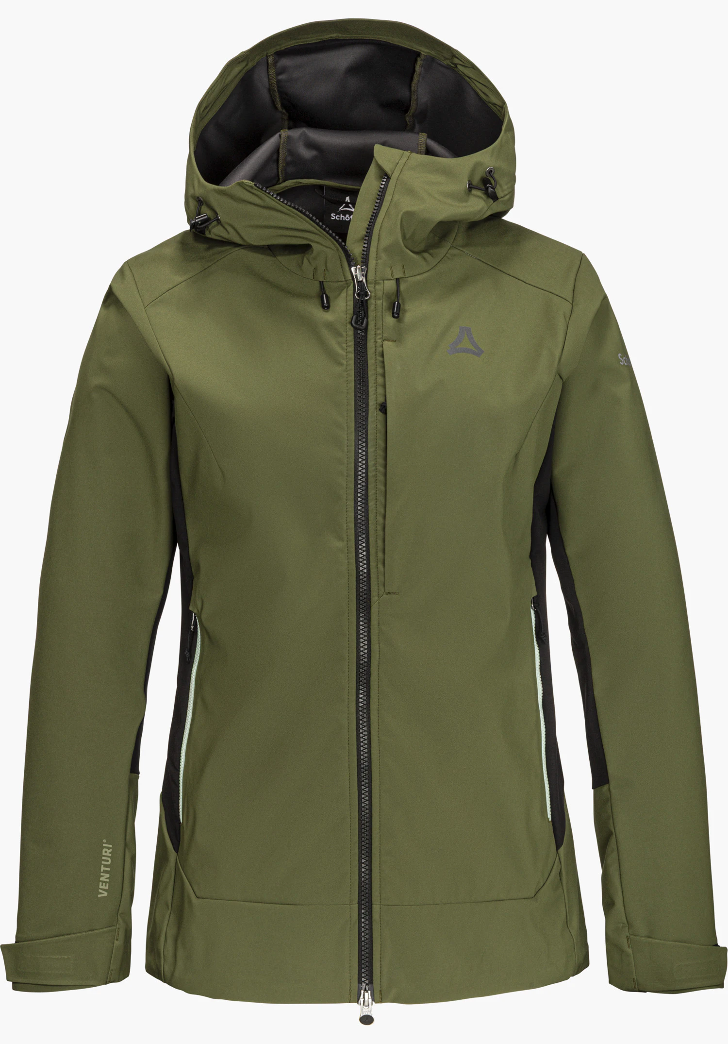 Softshell Jk Style Milagle WMS Softshelljacke in Grün mit Kapuze, durchgehendem Reißverschluss, kontrastierenden schwarzen Einsätzen an den Seiten sowie dem Schöffel-Logo auf der Brust, freigestellt vor weißem Hintergrund.