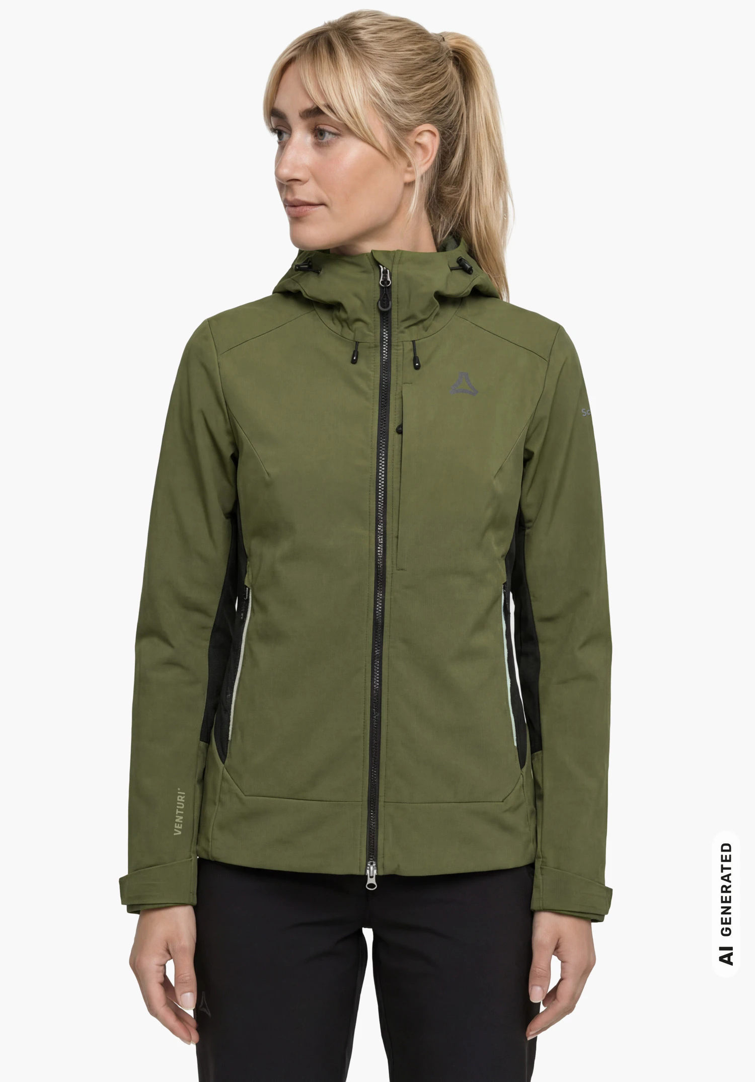 Softshell Jk Style Milagle WMS in grün mit Kapuze und Schöffel-Logo, getragen von einem weiblichen Model in aufrechtem Stand in Frontansicht mit herabhängenden Armen vor weißem Hintergrund. (KI-generiert)