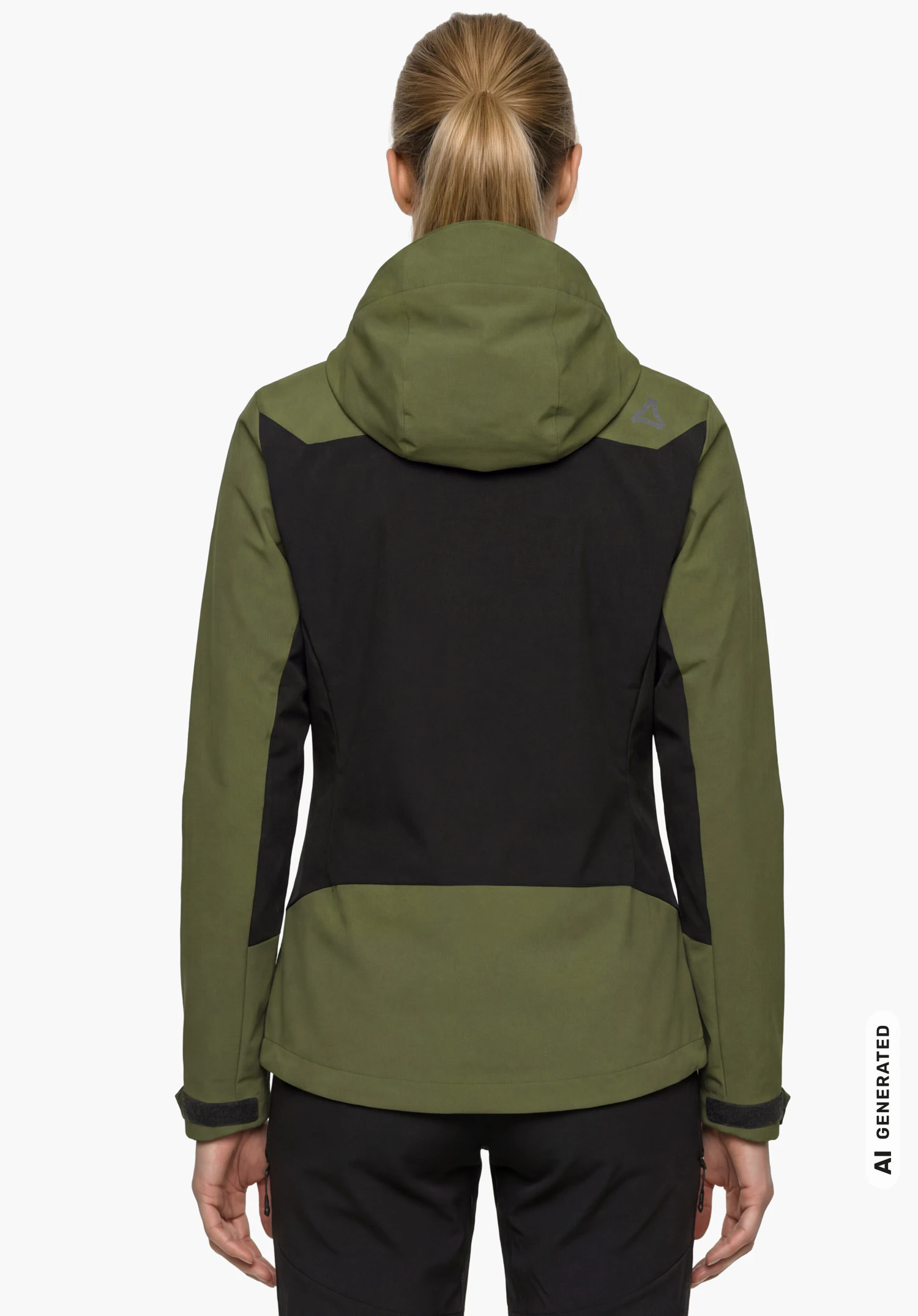 Softshell Jk Style Milagle WMS en vert avec logo Schöffel visible sur la capuche, porté par un modèle féminin debout et vu de dos avec les bras détendus sur fond blanc. (Généré par IA)