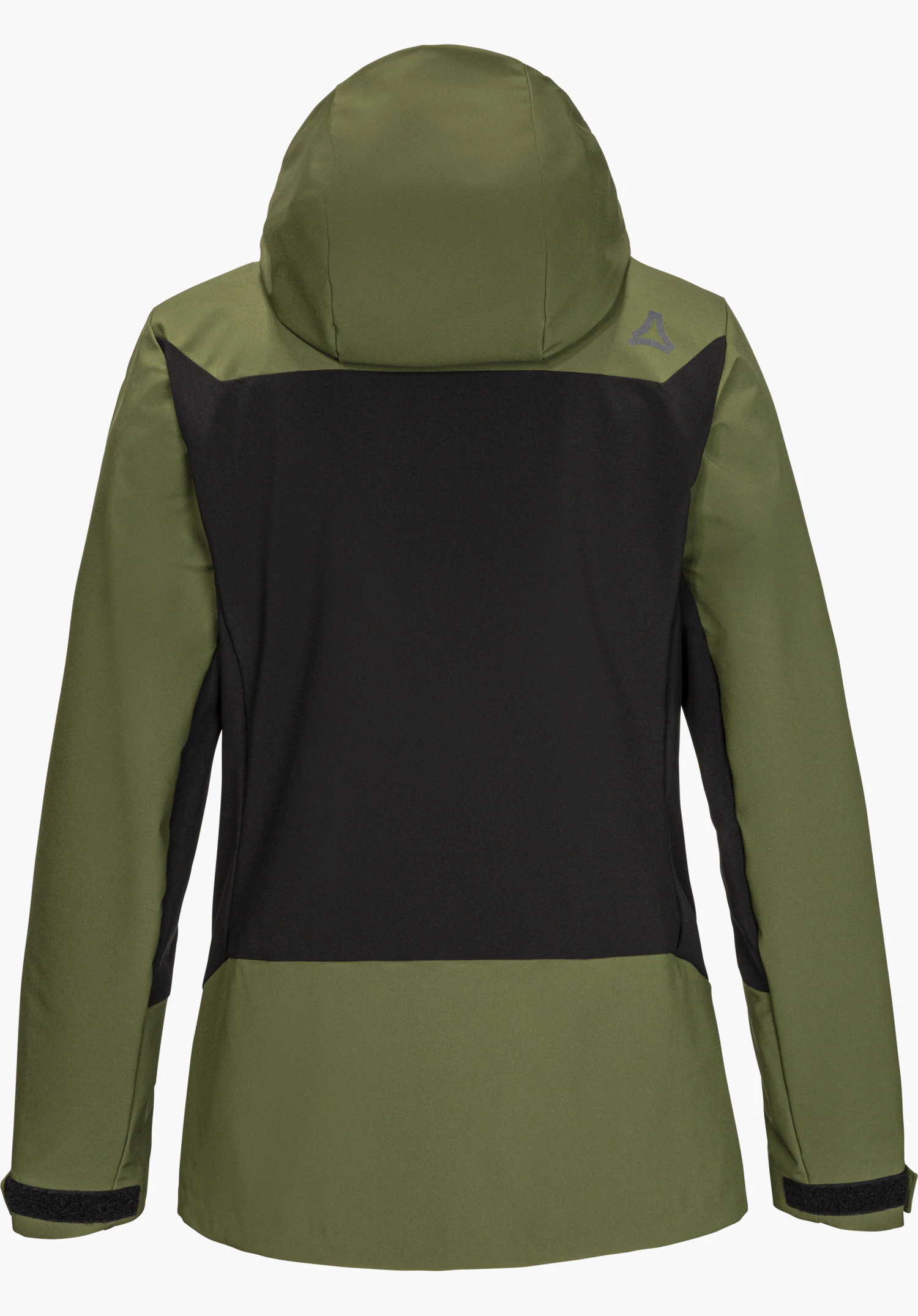 Softshell Jk Style Milagle WMS, veste softshell verte, vue de dos avec capuche, empiècements noirs et logo Schöffel réfléchissant, détourée sur fond blanc.