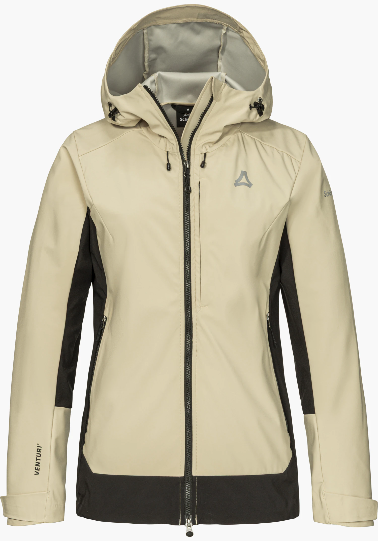 Softshell Jk Style Milagle WMS Softshelljacke in beige mit Kapuze, durchgehendem Reißverschluss, kontrastierenden schwarzen Einsätzen an den Seiten und reflektierendem Schöffel-Logo in Frontansicht freigestellt vor weißem Hintergrund.