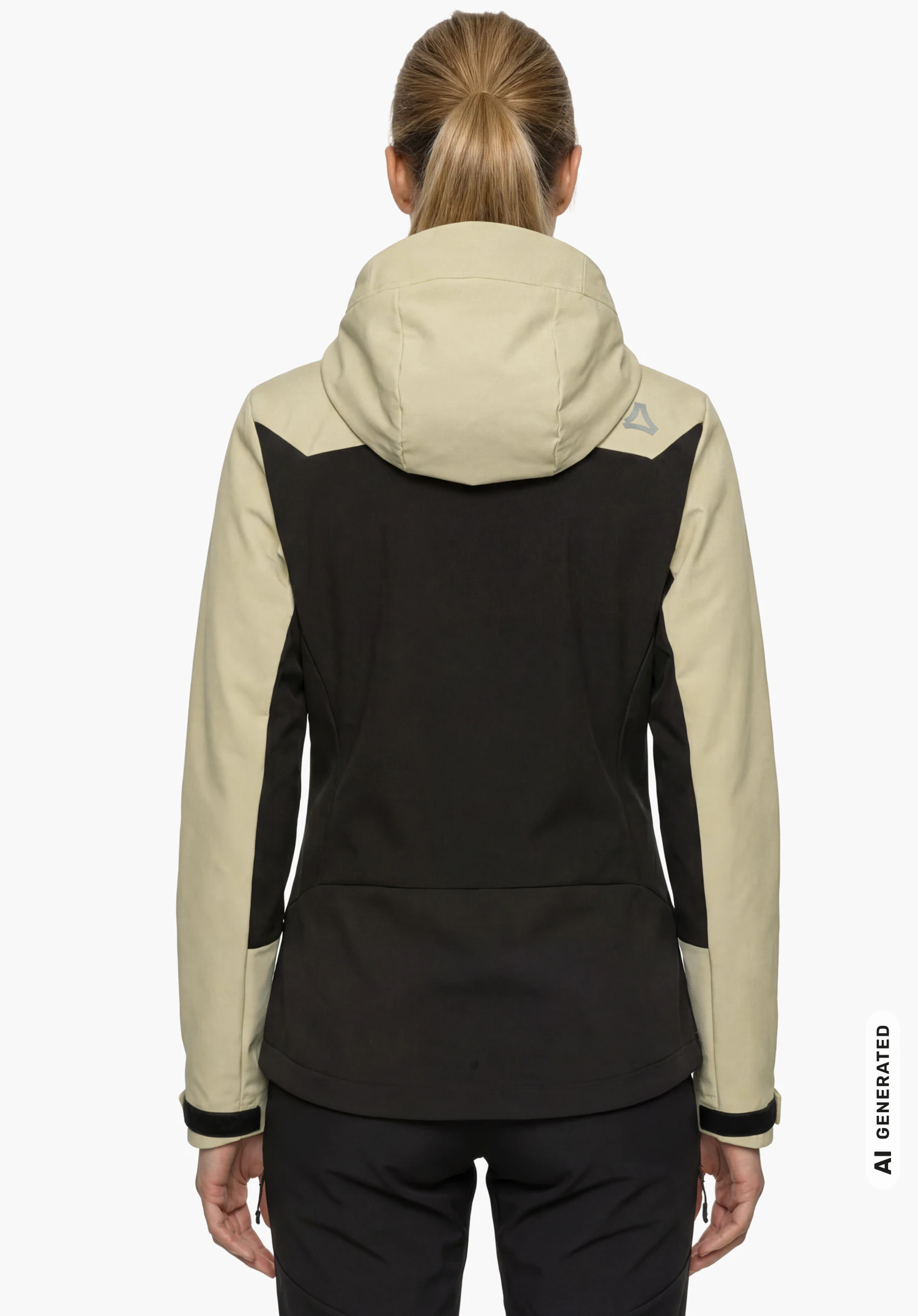 Softshell Jk Style Milagle WMS en beige avec capuche et logo Schöffel, porté par un modèle féminin debout et vu de dos sur fond blanc. (Généré par IA)
