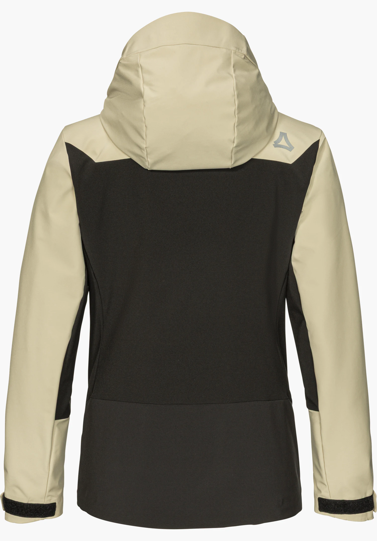 Softshell Jk Style Milagle WMS, veste softshell beige, vue de dos avec capuche et logo Schöffel réfléchissant, détourée sur fond blanc.