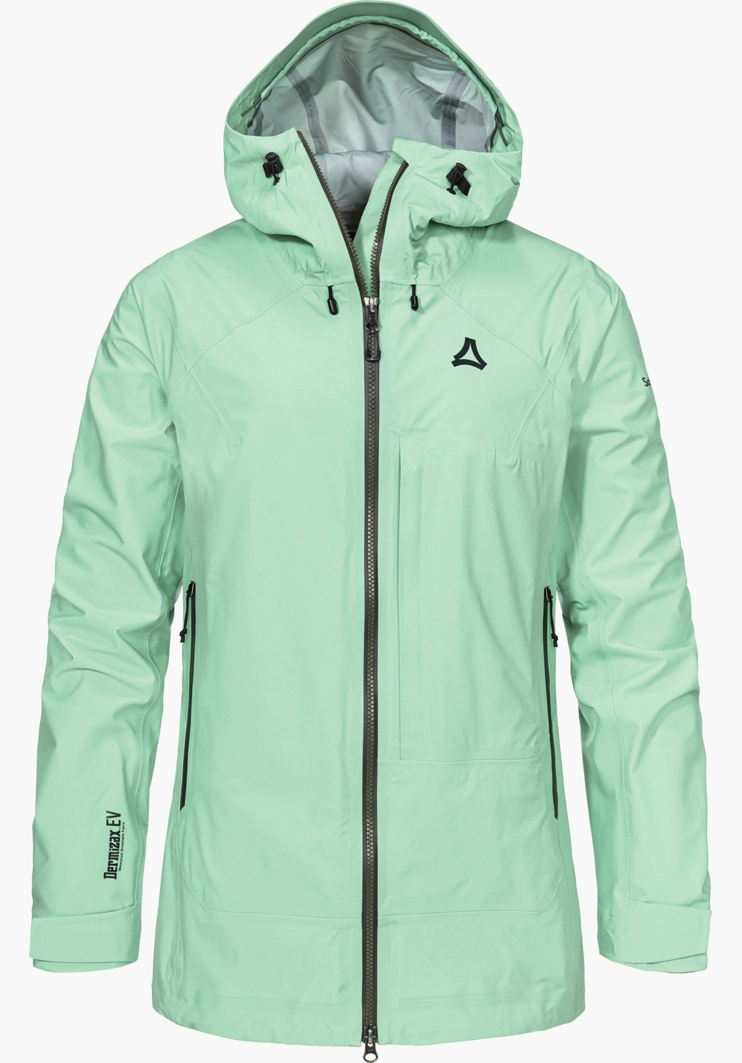 Jacket Style Milagle WMS light green rain jacket, front closed with zip, hood upright, Schöffel logo on the chest; sleeve print “Dermizax EV”; white background.
