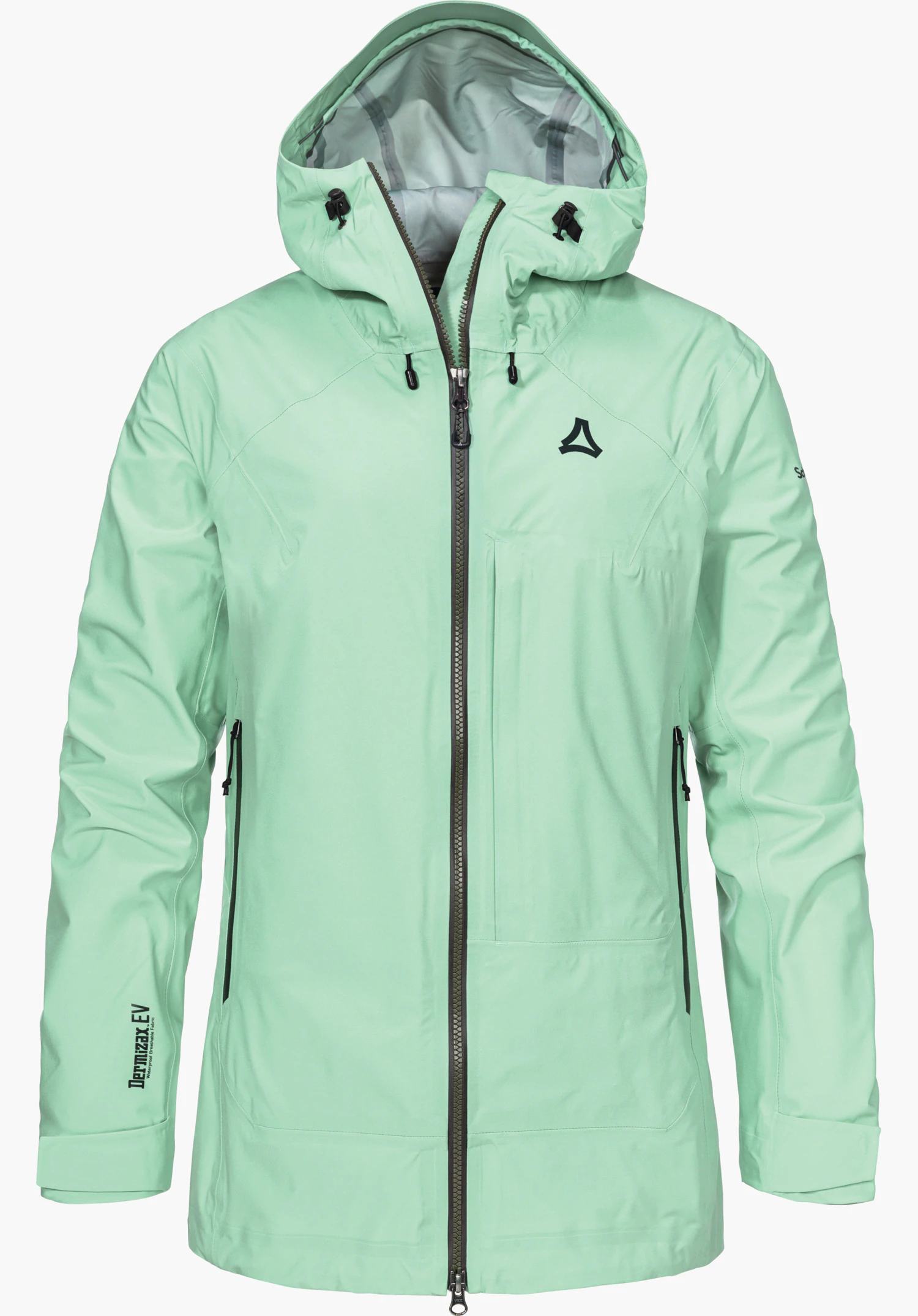Jacket Style Milagle WMS light green rain jacket, front closed with zip, hood upright, Schöffel logo on the chest; sleeve print “Dermizax EV”; white background.