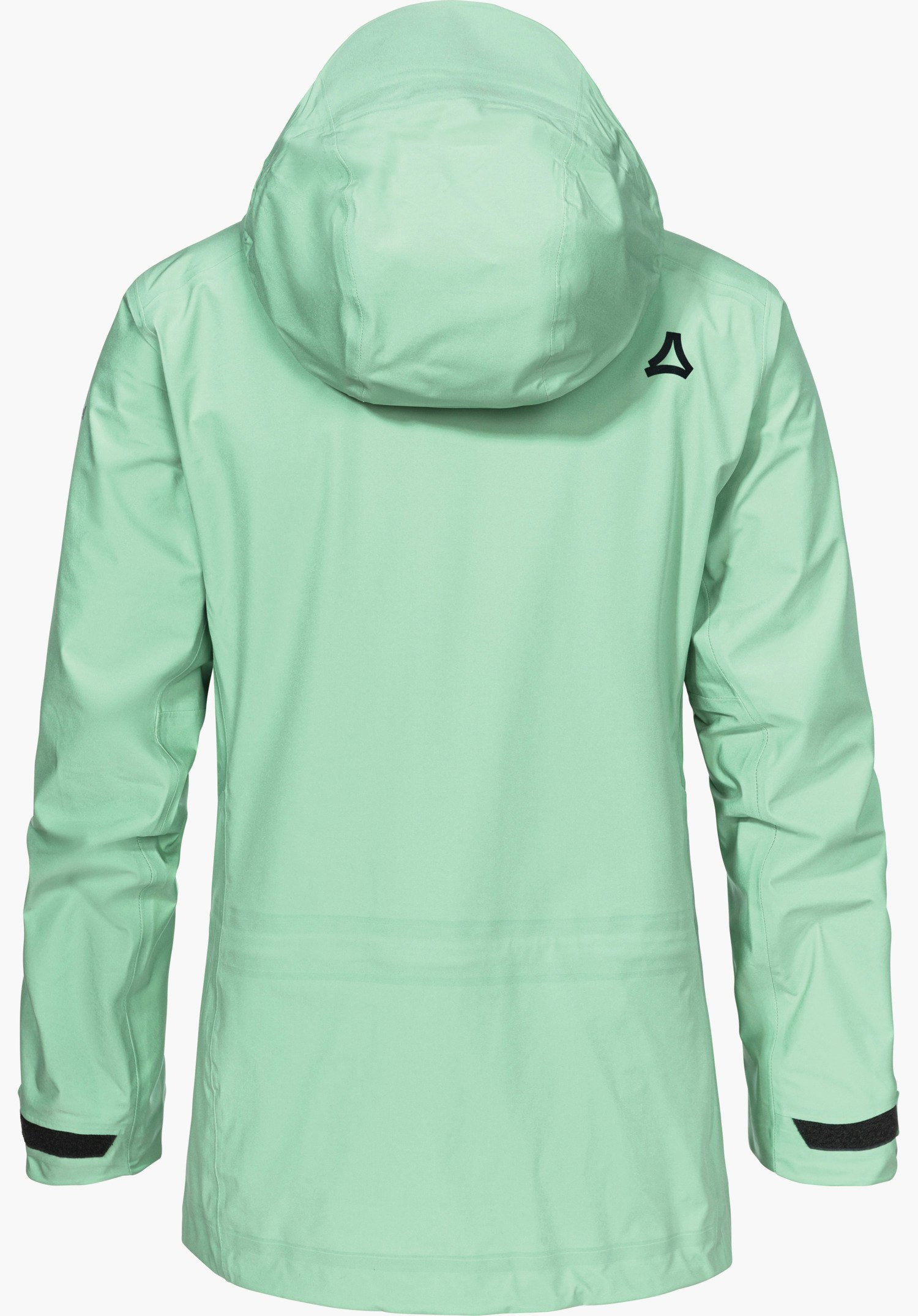 Jacket Style Milagle WMS light green hooded jacket, shown from the back; long sleeves with black Velcro fastenings; black Schöffel logo at the upper right; neutral white background.