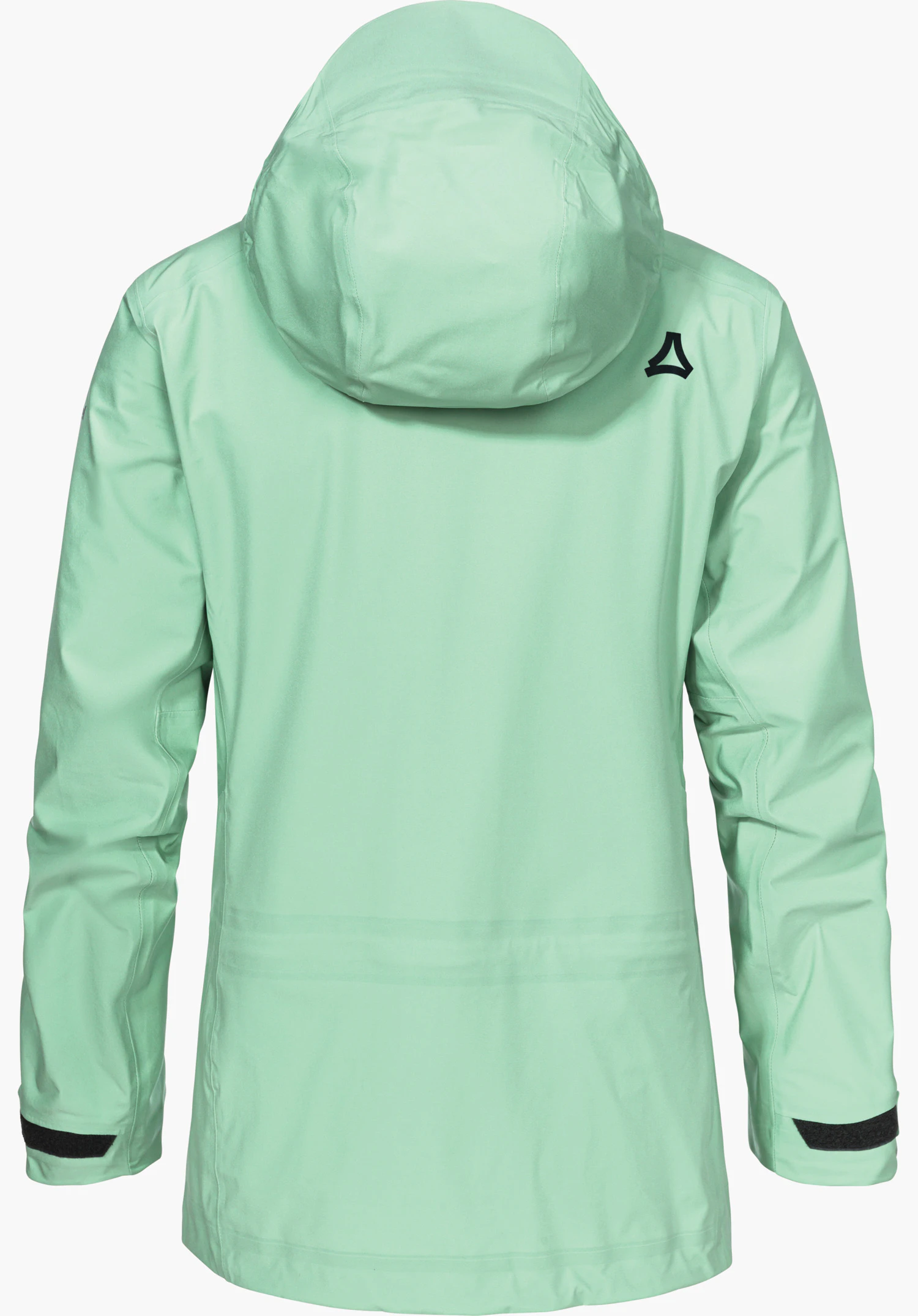 Jacket Style Milagle WMS veste à capuche vert clair, vue arrière; manches longues avec fermetures velcro noires; logo Schöffel noir en haut à droite; fond blanc neutre.