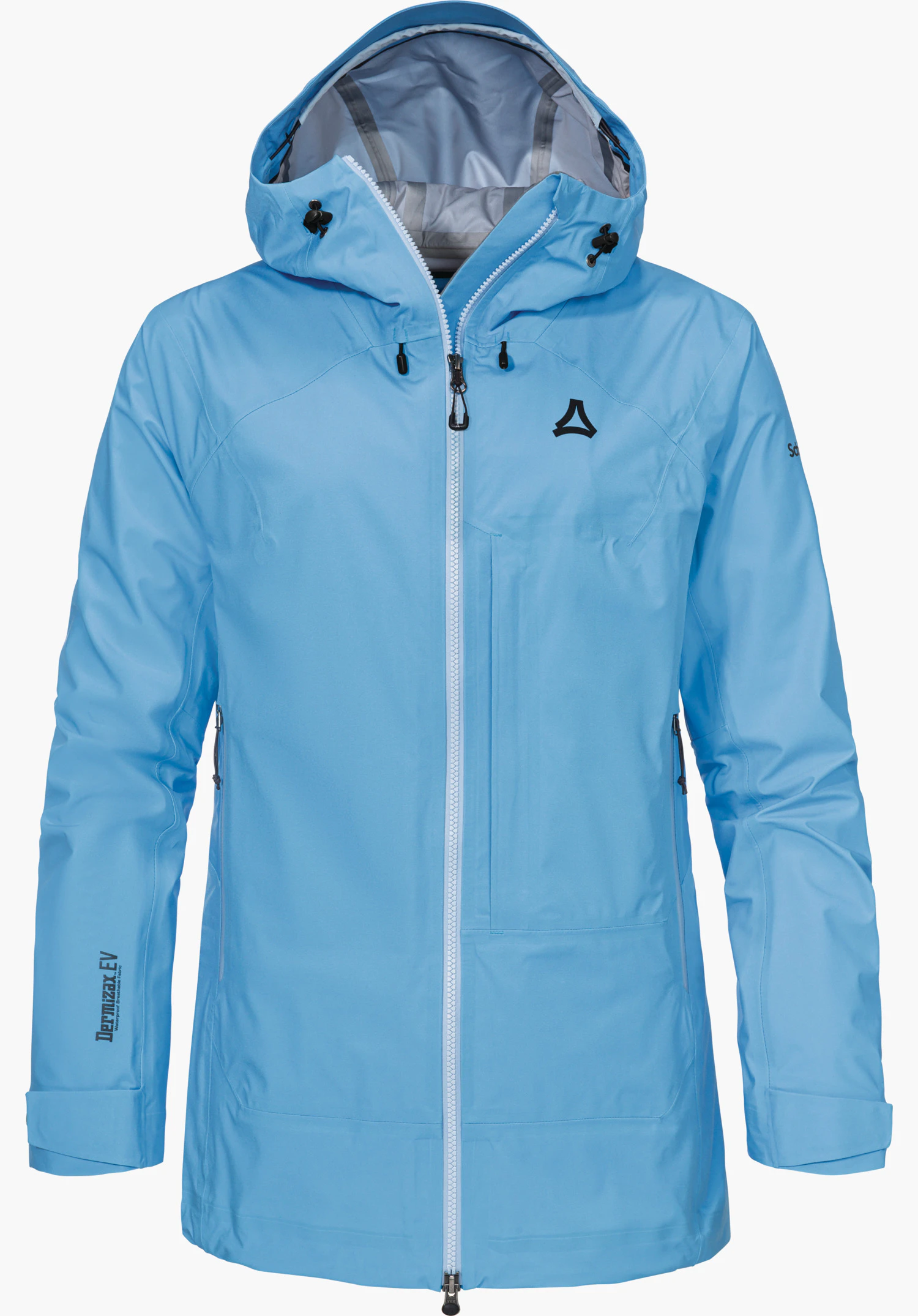 Jacket Style Milagle WMS hellblaue Regenjacke, frontal präsentiert; Reißverschluss geschlossen, Kapuze offen; Schöffel-Logo auf der Brust. Schriftzug auf Ärmel: "Dermizax EV" und "Schöffel". Weißer Hintergrund.