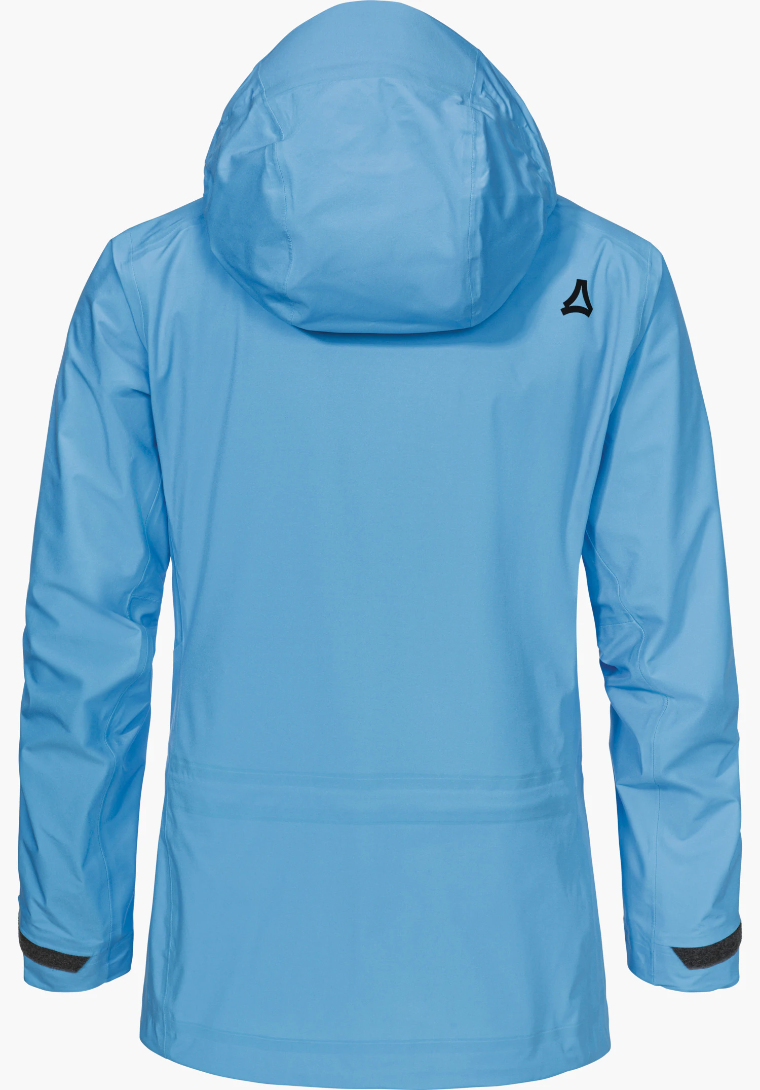 Jacket Style Milagle WMS Hellblaue Kapuzenjacke, von hinten dargestellt; gerade geschnitten auf weißem Hintergrund, mit schwarzem Schöffel-Logo auf der rechten Schulter.