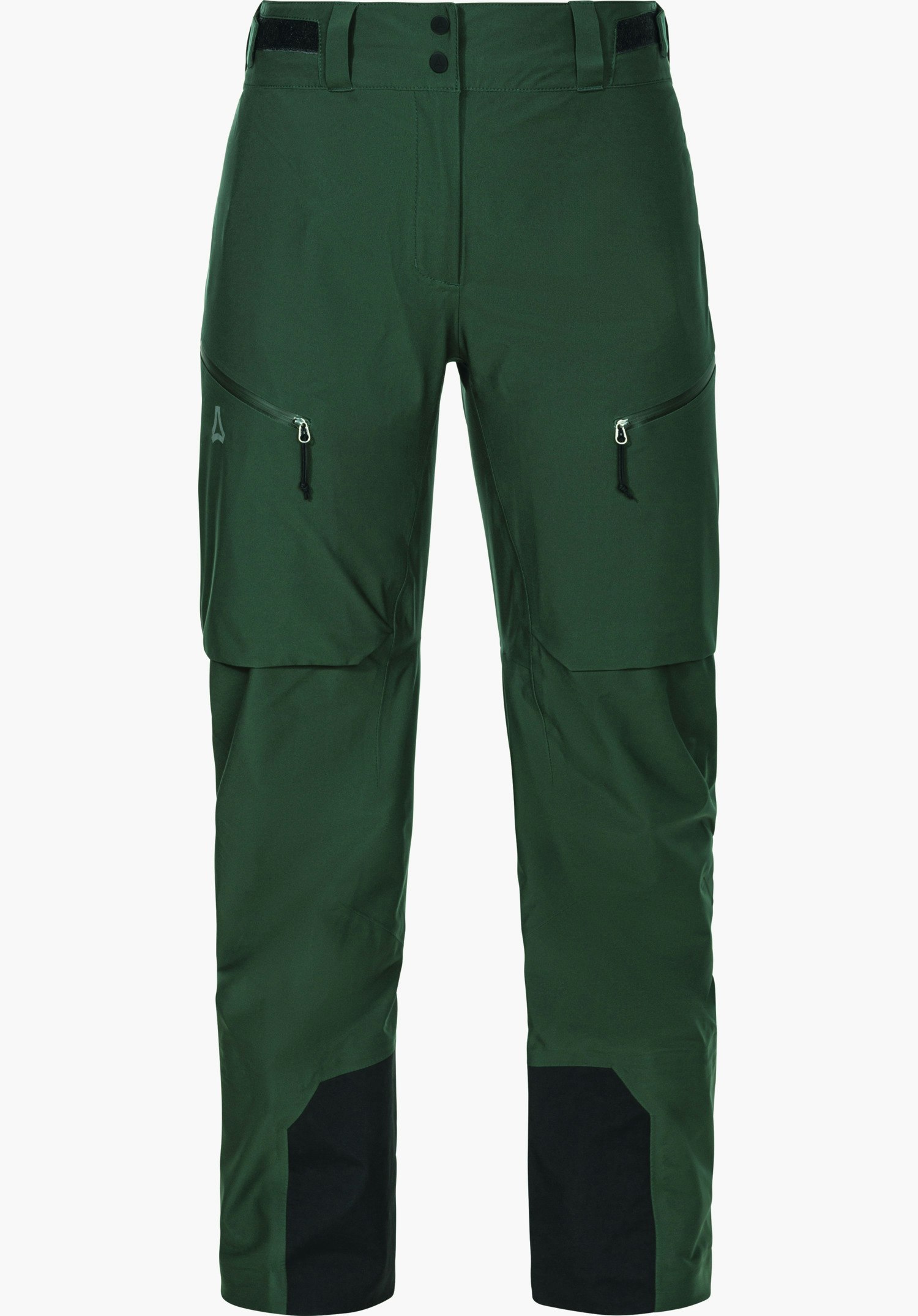 Mountain Pants Style Milagle WMS pantalon de ski de randonnée vert foncé, présenté de face; deux poches zippées en biais sur les cuisses, pinces aux genoux, passants avec velcro, renforts noirs en bas de jambe; logo Schöffel à gauche.