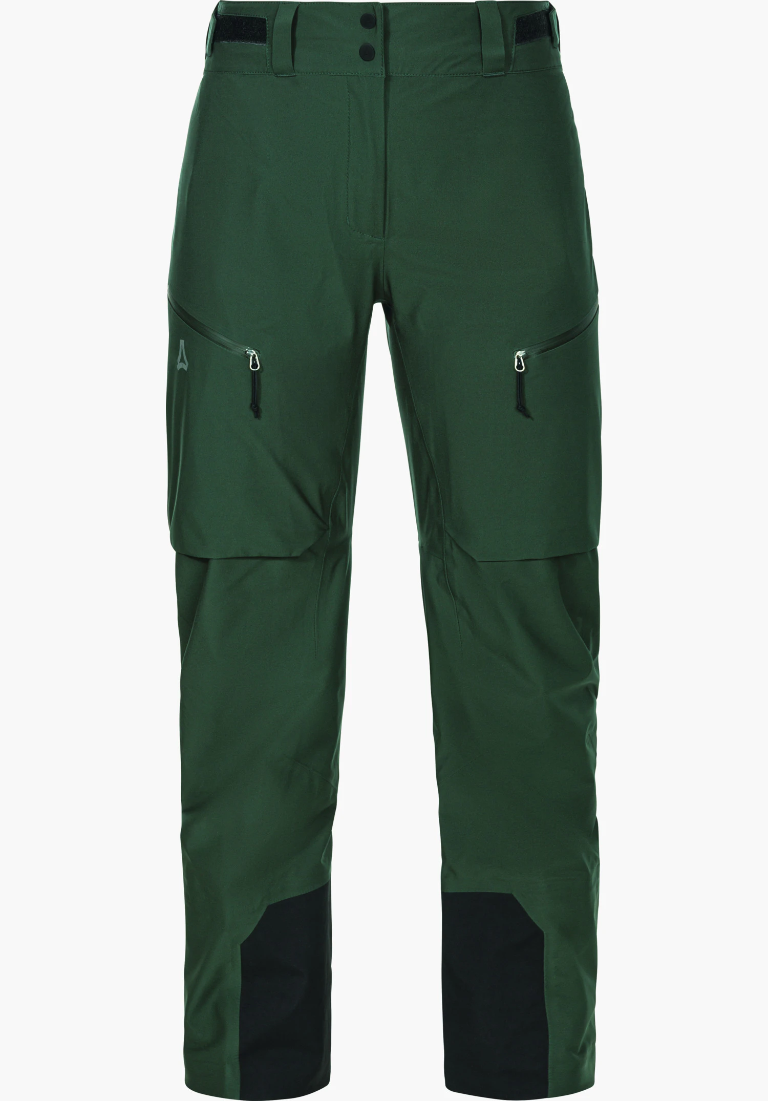 Mountain Pants Style Milagle WMS dark green ski touring trousers, front view; two slanted thigh zip pockets, knee darts, belt loops with hook-and-loop adjustment, black reinforcements at leg ends; Schöffel logo on the left.