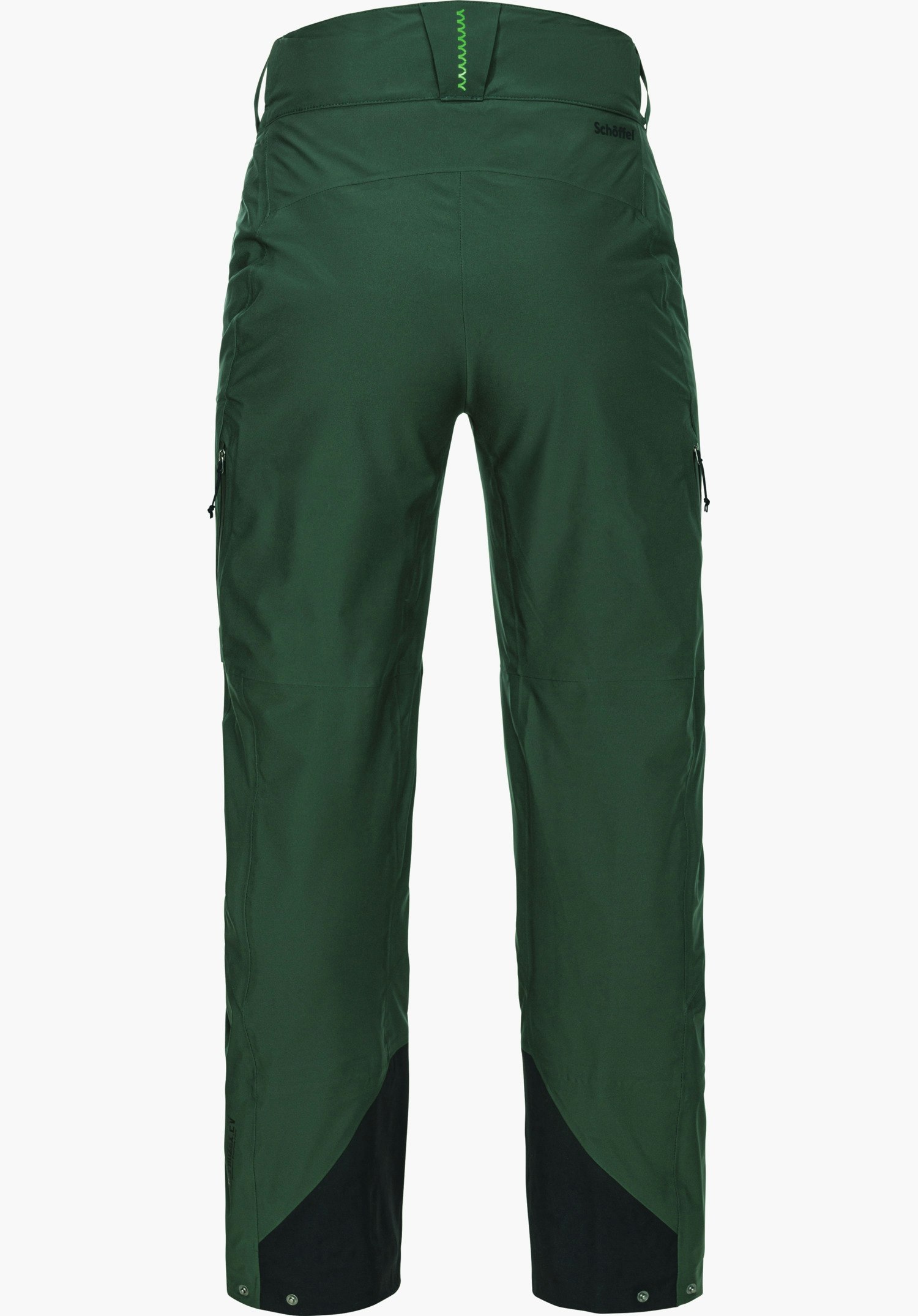 Pants Style Milagle WMS Dunkelgrüne Wanderhose, von hinten fotografiert vor weißem Hintergrund; seitliche Reißverschlusstaschen, schwarze Beinverstärkungen, hellgrüne Ziernaht am Bund; Schriftzug "Schöffel" rechts oben.
