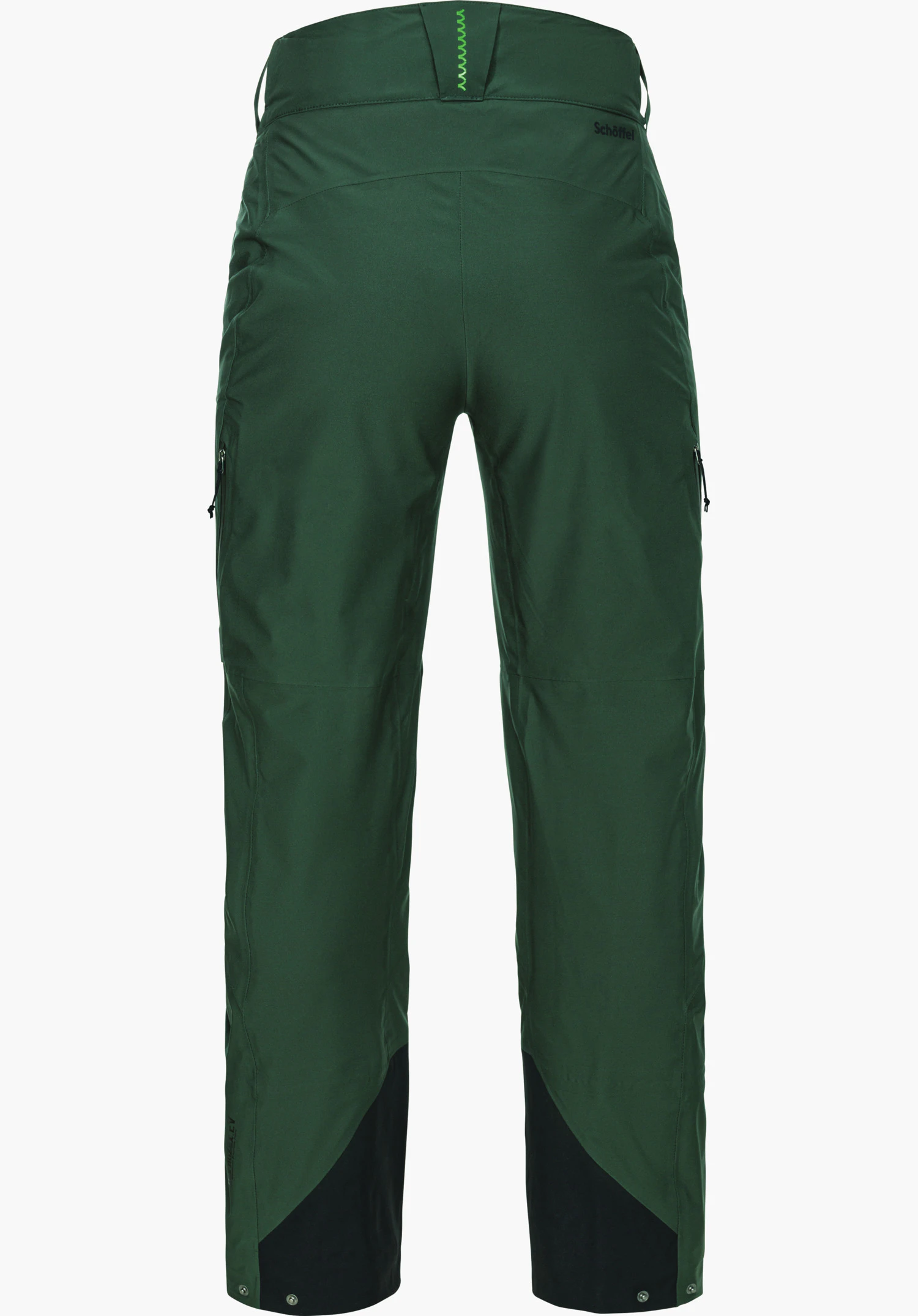 Pants Style Milagle WMS pantalon de randonnée vert foncé, vue arrière, photo sur fond blanc; poches latérales zippées, renforts de jambes noirs, couture décorative vert clair à la taille; inscription "Schöffel" en haut à droite.