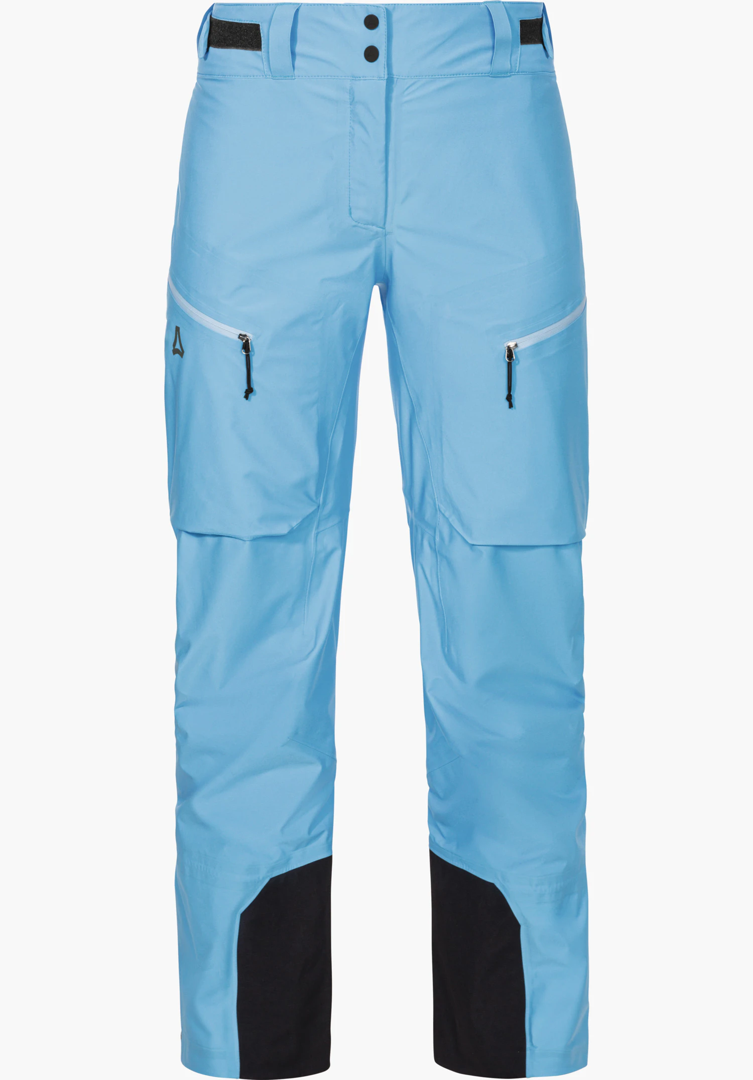 Mountain Pants Style Milagle WMS hellblaue Skihose mit Reißverschlusstaschen und schwarzen Knöchelverstärkungen, Schöffel-Logo an linker Oberschenkel, frontal ausgerichtet vor weißem Hintergrund.