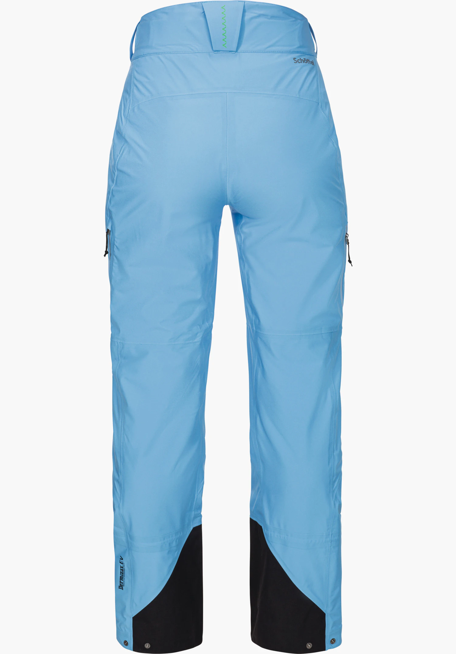 Pants Style Milagle WMS Hose, hellblau, von hinten präsentiert; Reißverschlusstaschen seitlich, schwarz eingefasste Beininnenseiten, grüner Zierstich am Bund; freigestellt auf weißem Hintergrund. Text: "Schöffel".