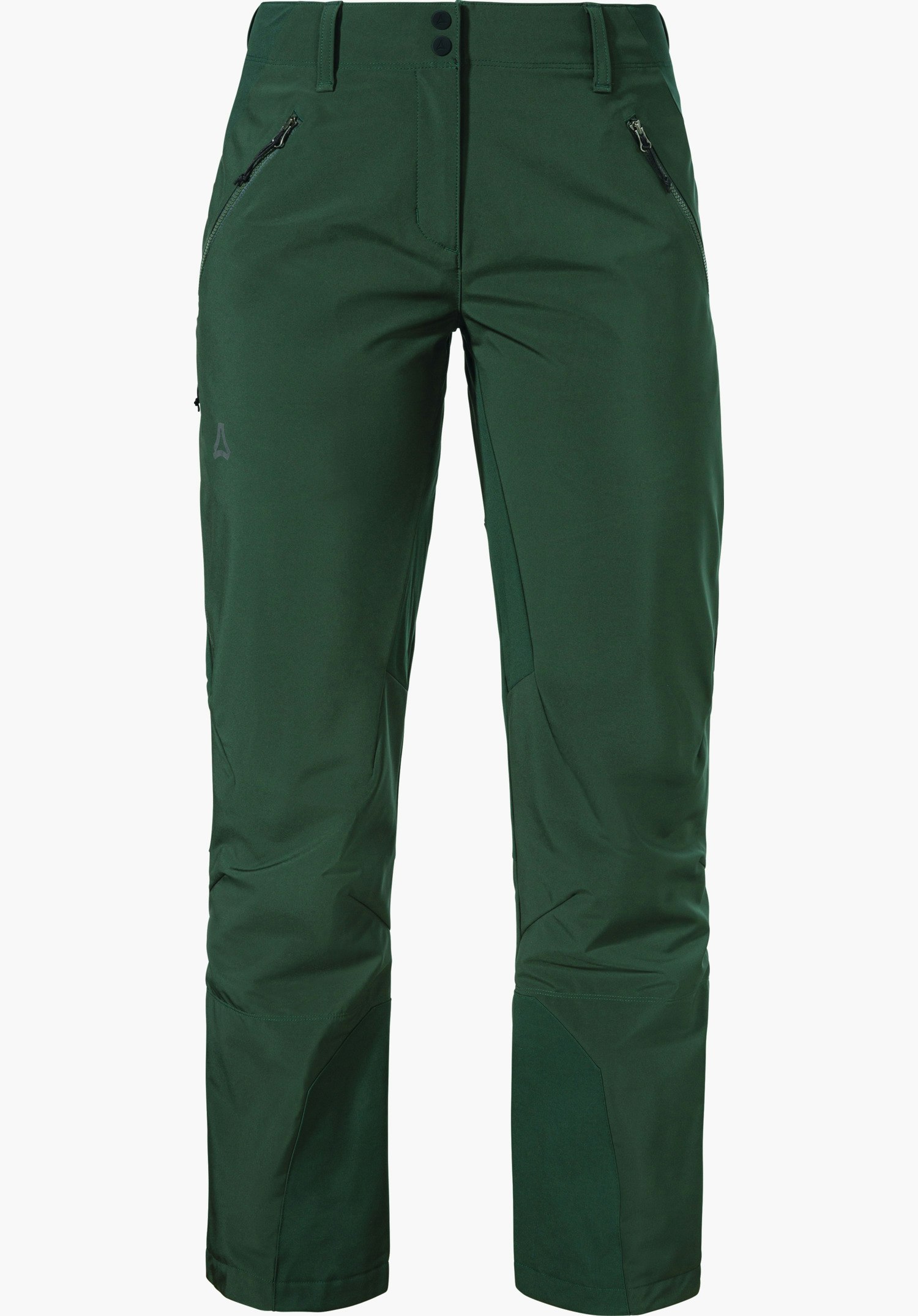 Mountain Softshell Pt Style Milagle WMS pantalon softshell de ski de randonnée vert foncé, présenté de face avec poches zippées, genoux préformés et logo Schöffel sur la cuisse gauche, sur fond blanc.
