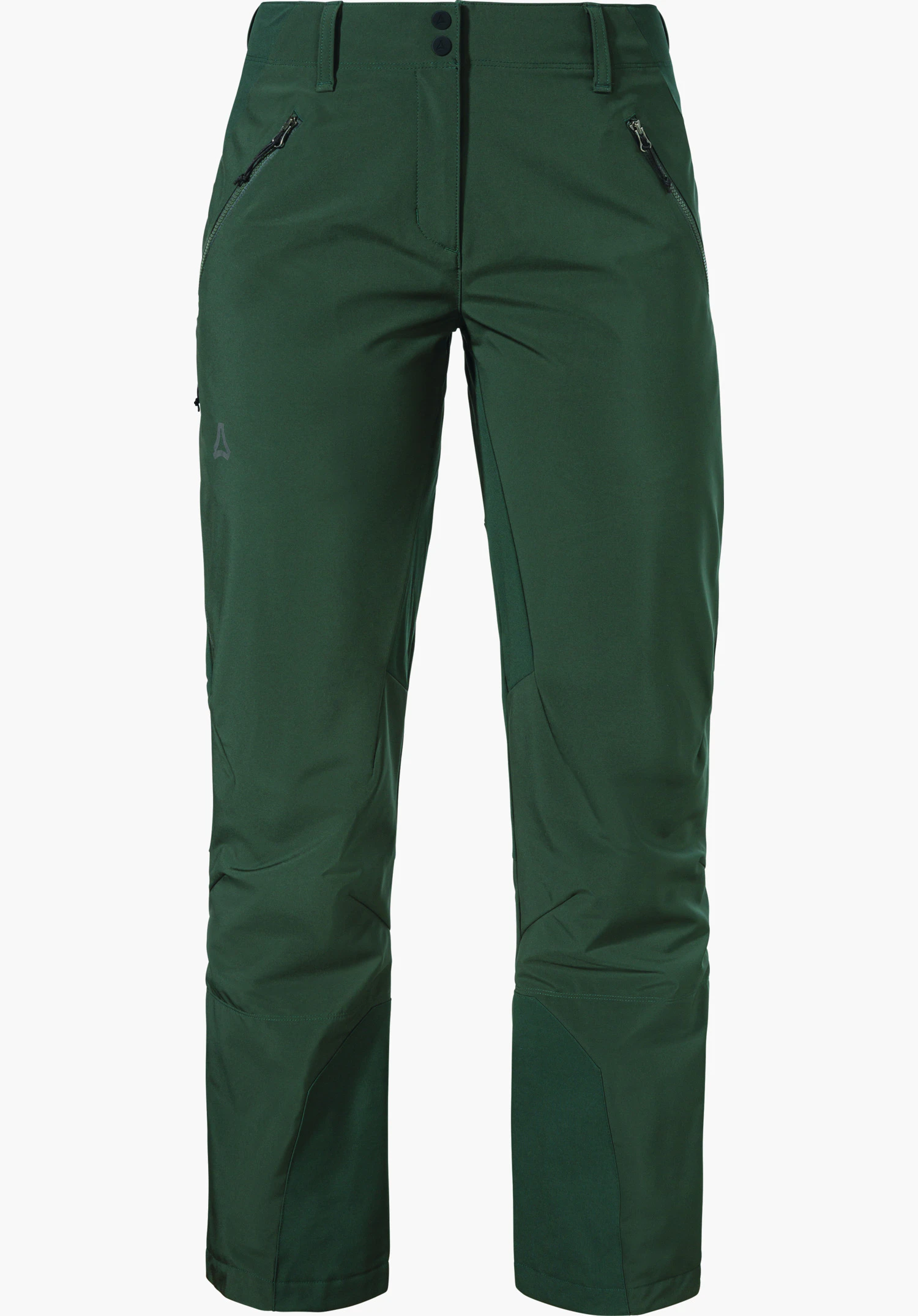 Mountain Softshell Pt Style Milagle WMS pantalon softshell de ski de randonnée vert foncé, présenté de face avec poches zippées, genoux préformés et logo Schöffel sur la cuisse gauche, sur fond blanc.