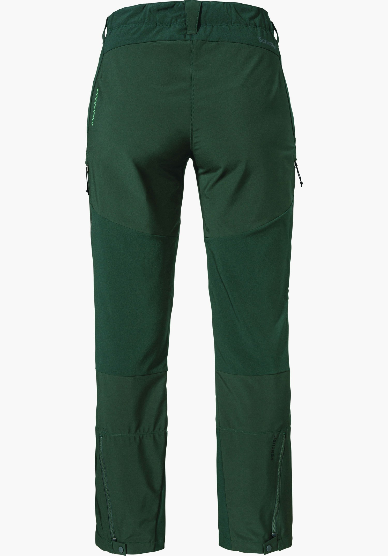 Softshell Pt Style Milagle WMS Dunkelgrüne Softshellhose, Rückansicht; liegt/steht aufrecht vor weißem Hintergrund; seitliche Reißverschlusstaschen, verstärkte Knieteile, Beinabschlüsse mit Druckknöpfen. Text: "Schöffel", "VENTURI".